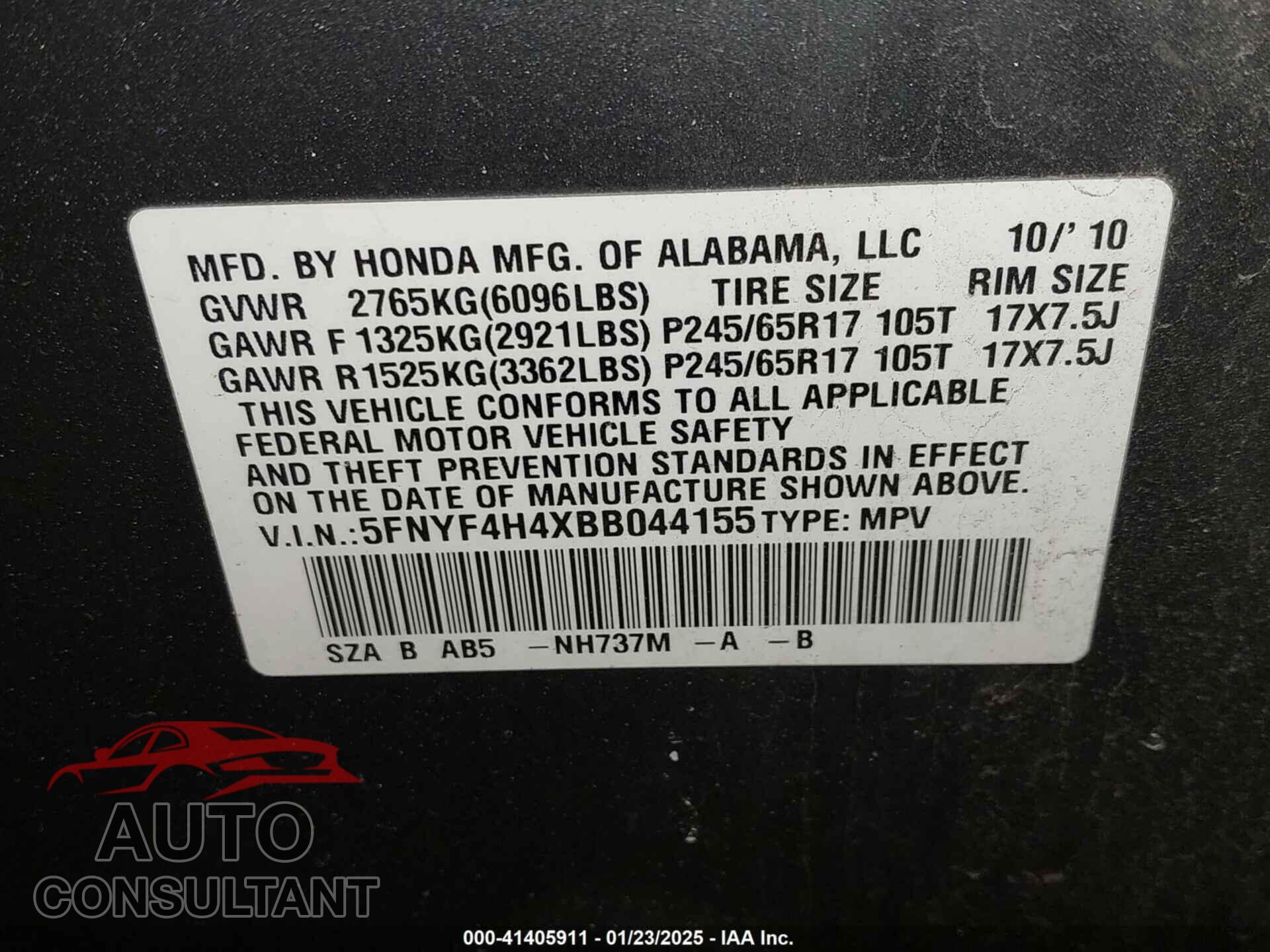 HONDA PILOT 2011 - 5FNYF4H4XBB044155