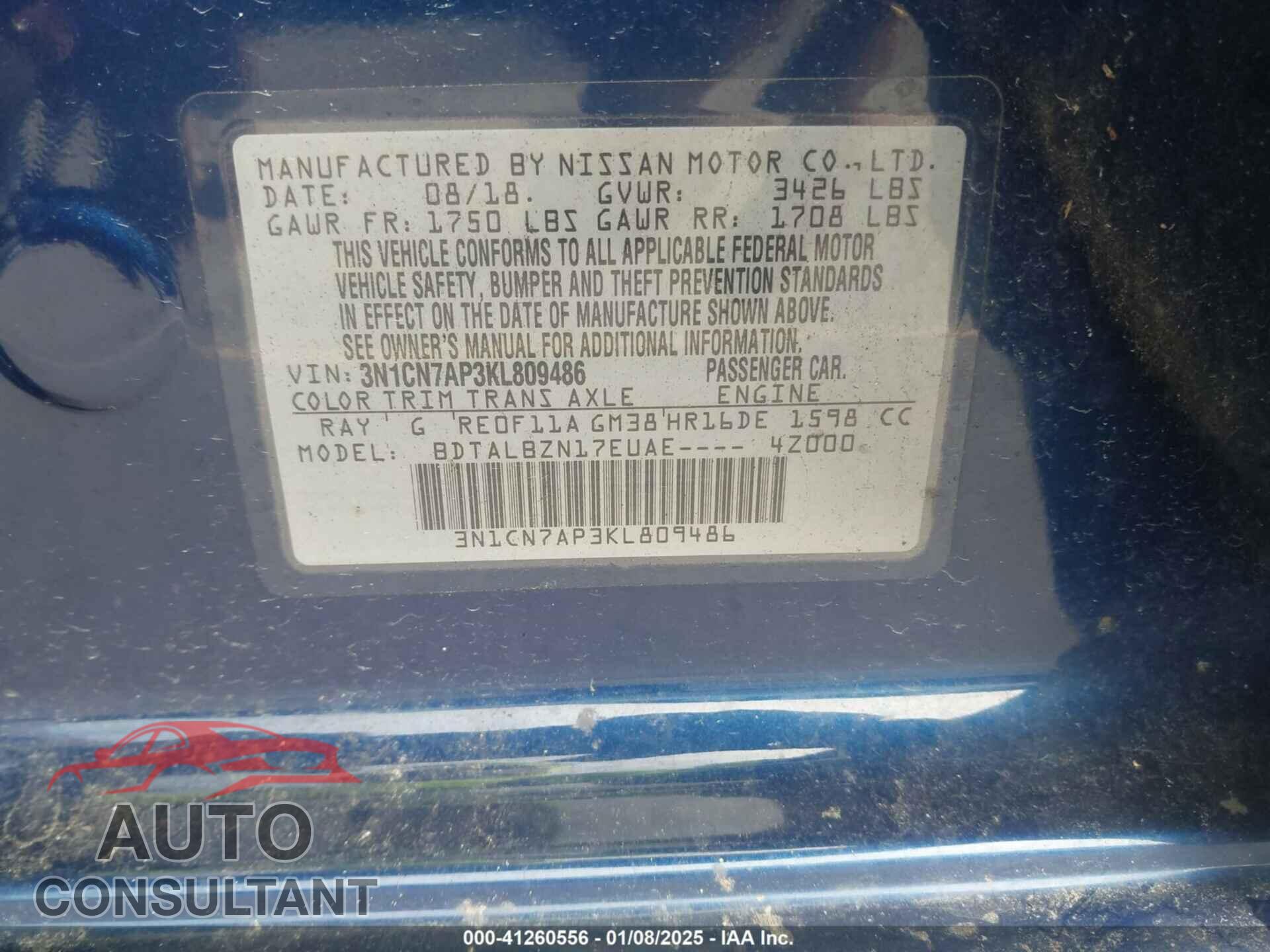 NISSAN VERSA 2019 - 3N1CN7AP3KL809486
