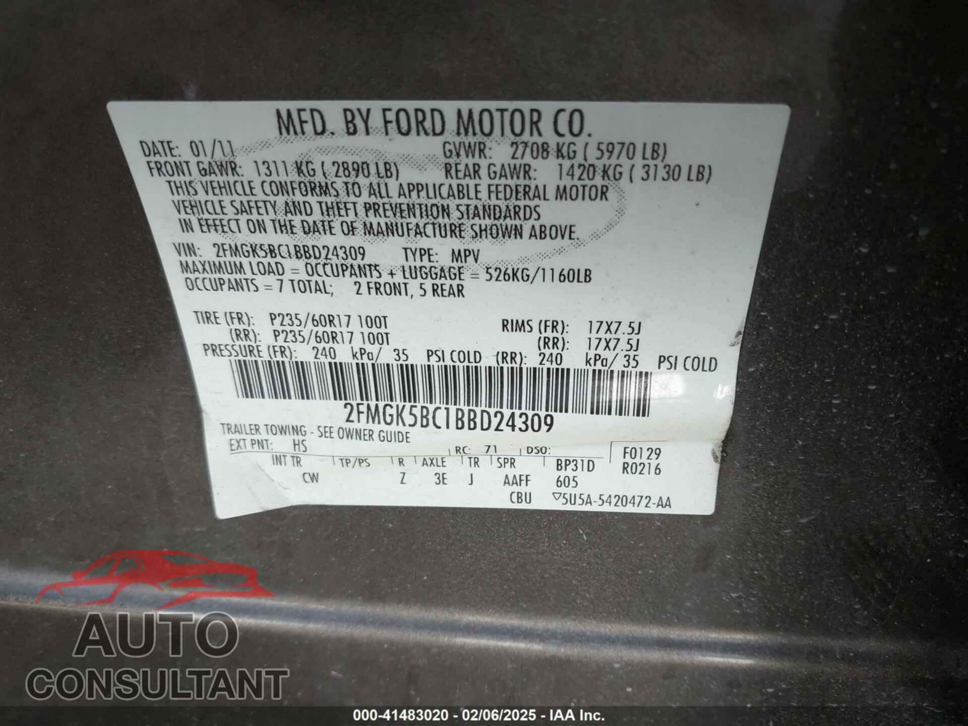FORD FLEX 2011 - 2FMGK5BC1BBD24309