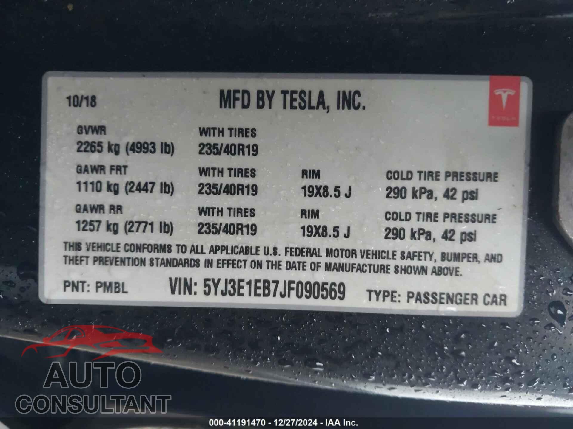 TESLA MODEL 3 2018 - 5YJ3E1EB7JF090569