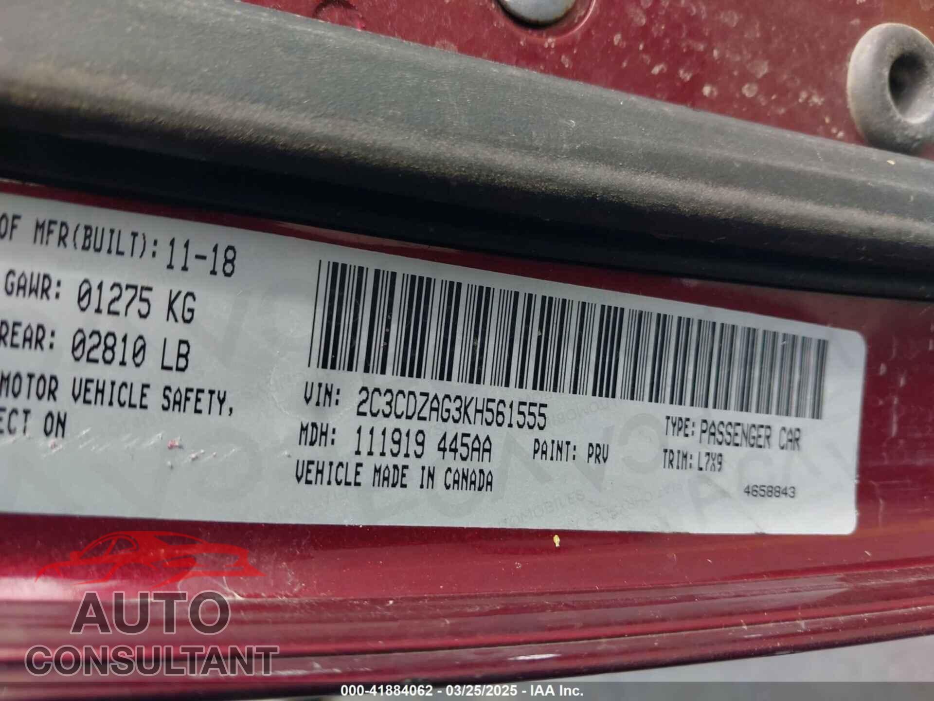 DODGE CHALLENGER 2019 - 2C3CDZAG3KH561555