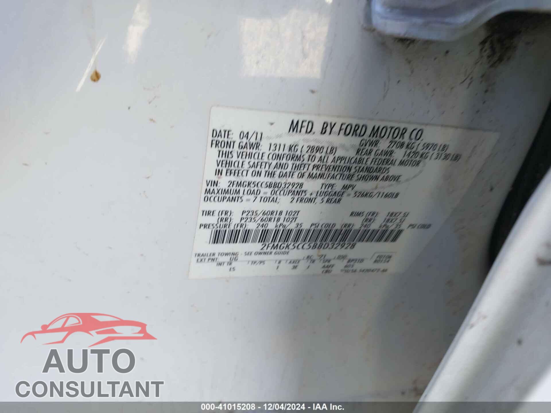 FORD FLEX 2011 - 2FMGK5CC5BBD32928