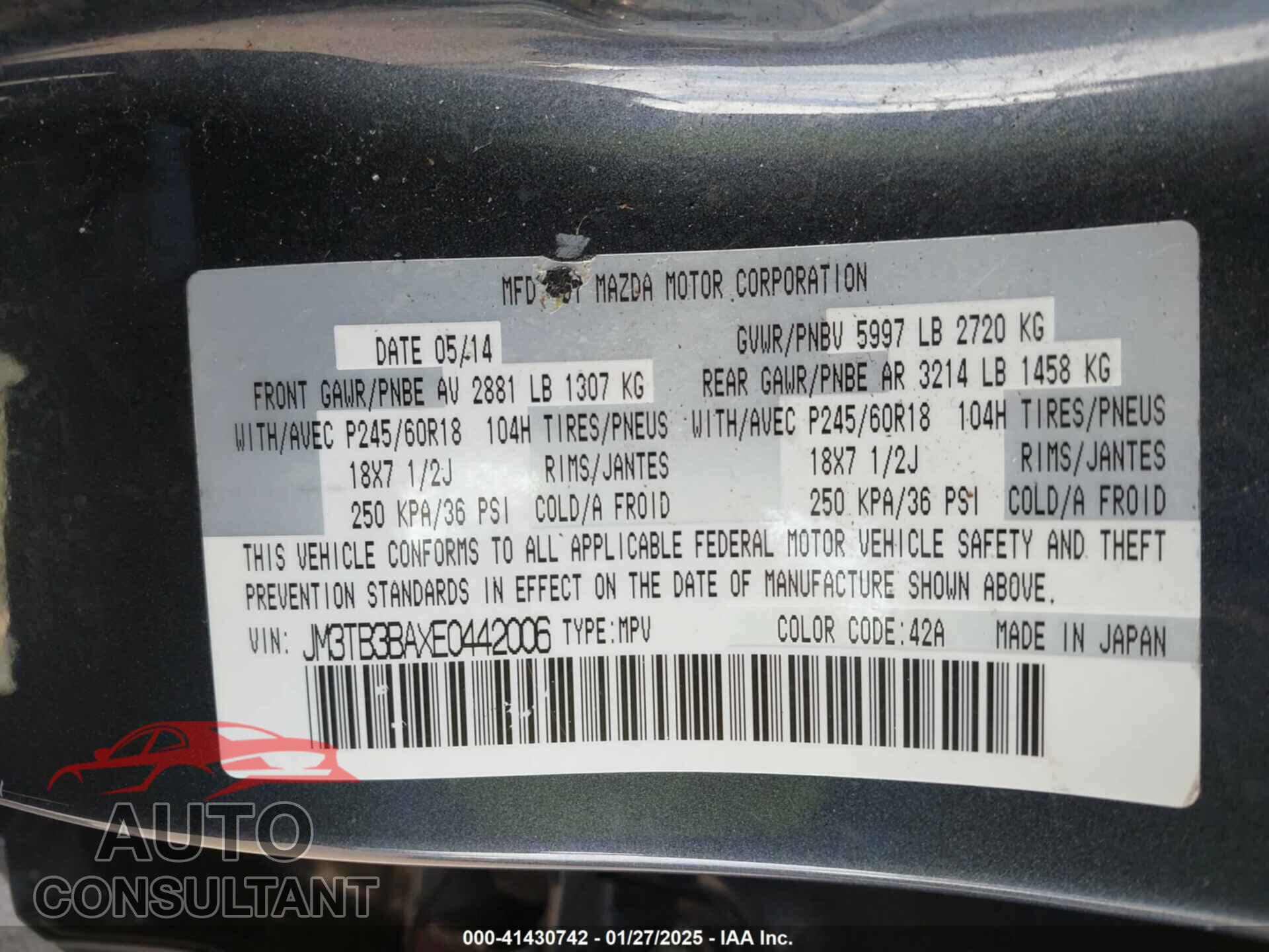 MAZDA CX-9 2014 - JM3TB3BAXE0442006