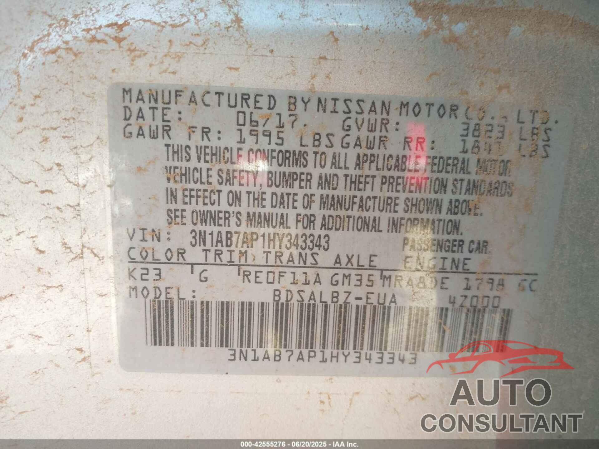 NISSAN SENTRA 2017 - 3N1AB7AP1HY343343