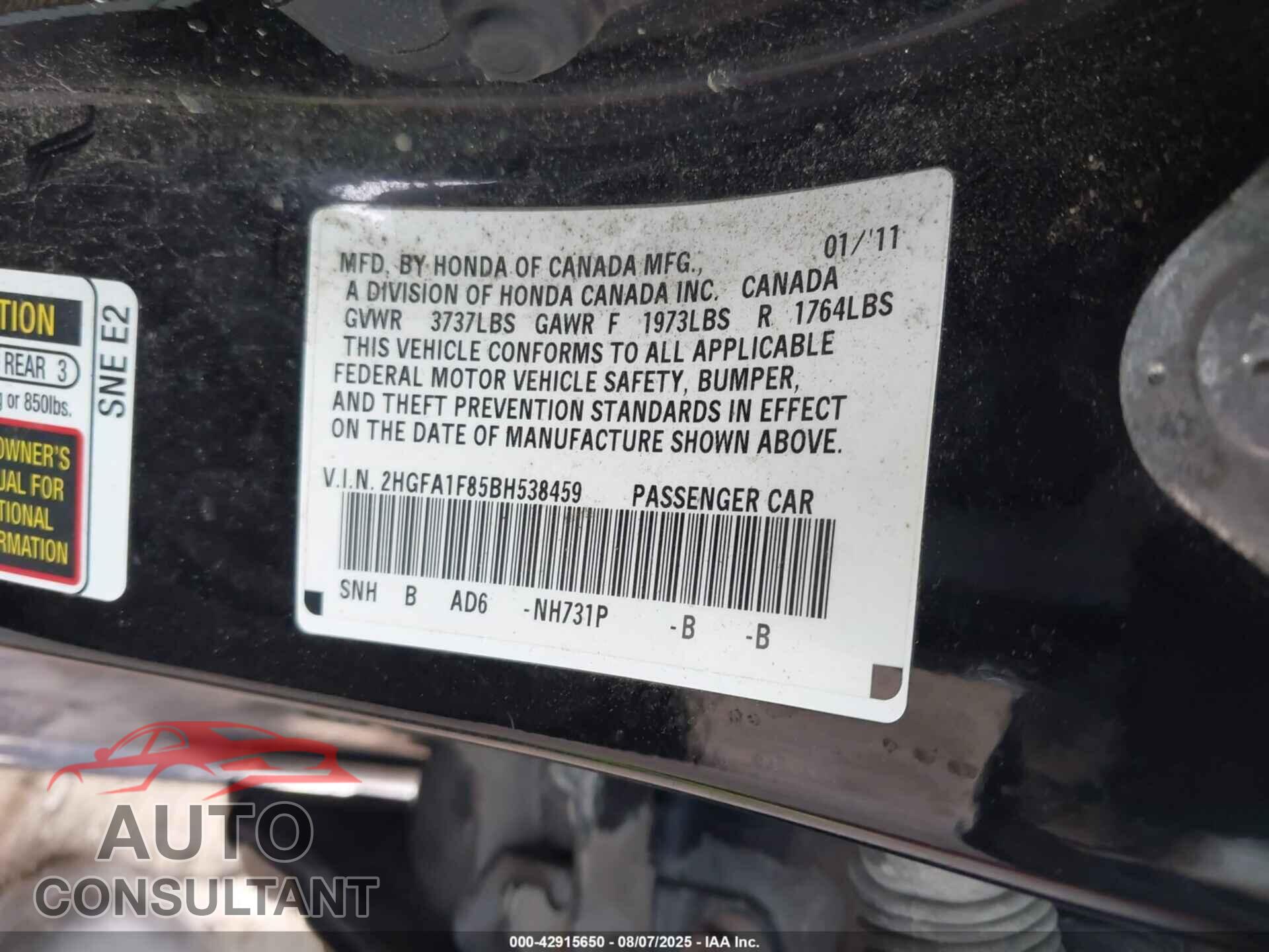 HONDA CIVIC 2011 - 2HGFA1F85BH538459