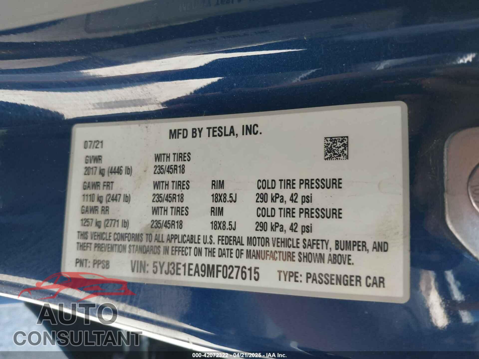 TESLA MODEL 3 2021 - 5YJ3E1EA9MF027615