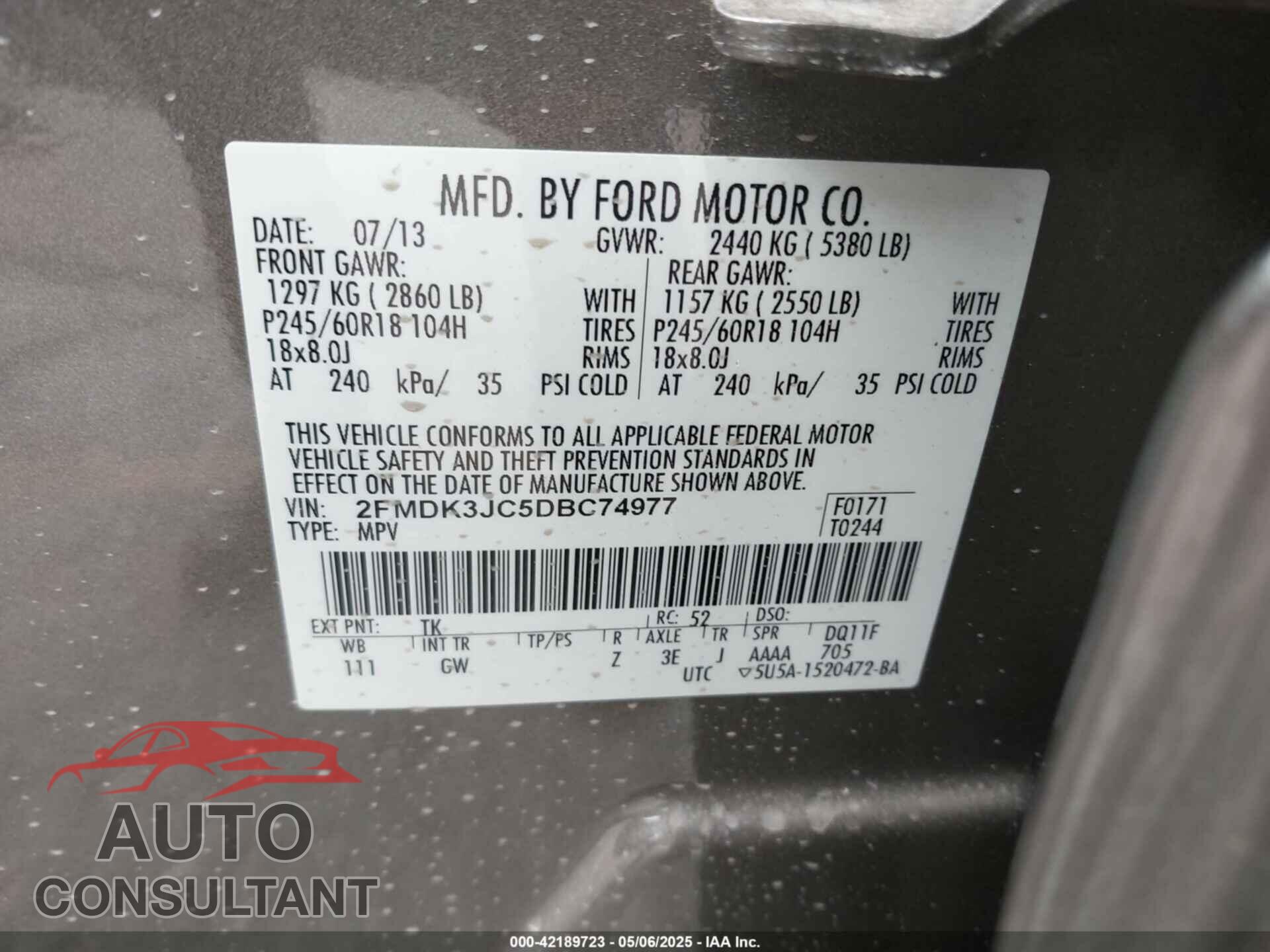 FORD EDGE 2013 - 2FMDK3JC5DBC74977