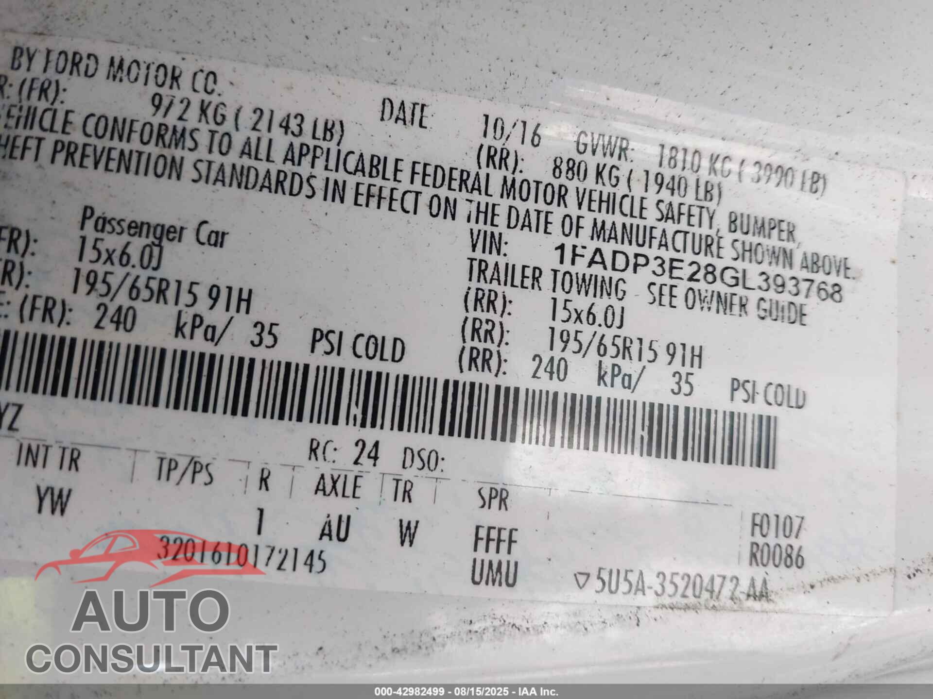 FORD FOCUS 2016 - 1FADP3E28GL393768