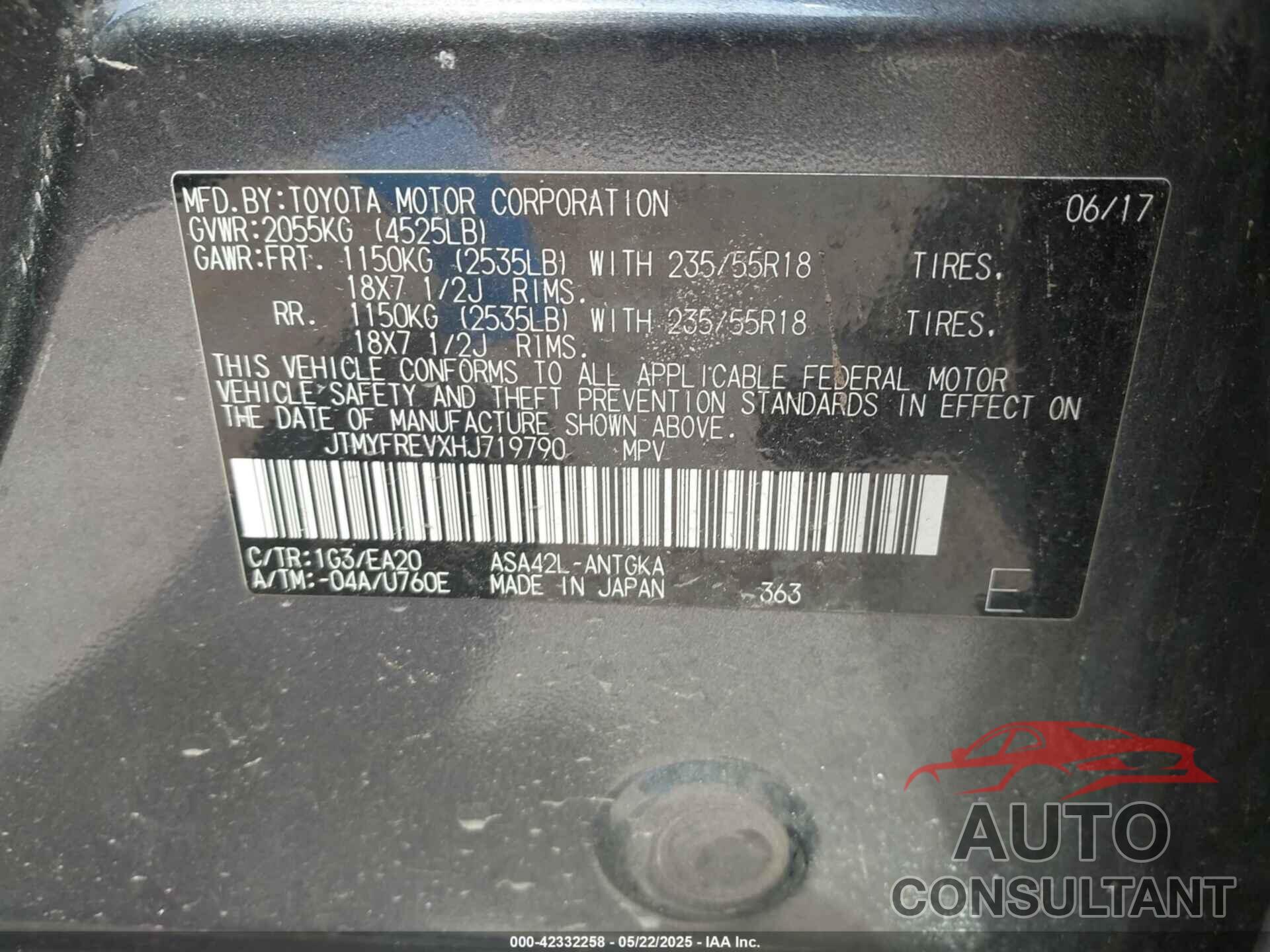 TOYOTA RAV4 2017 - JTMYFREVXHJ719790