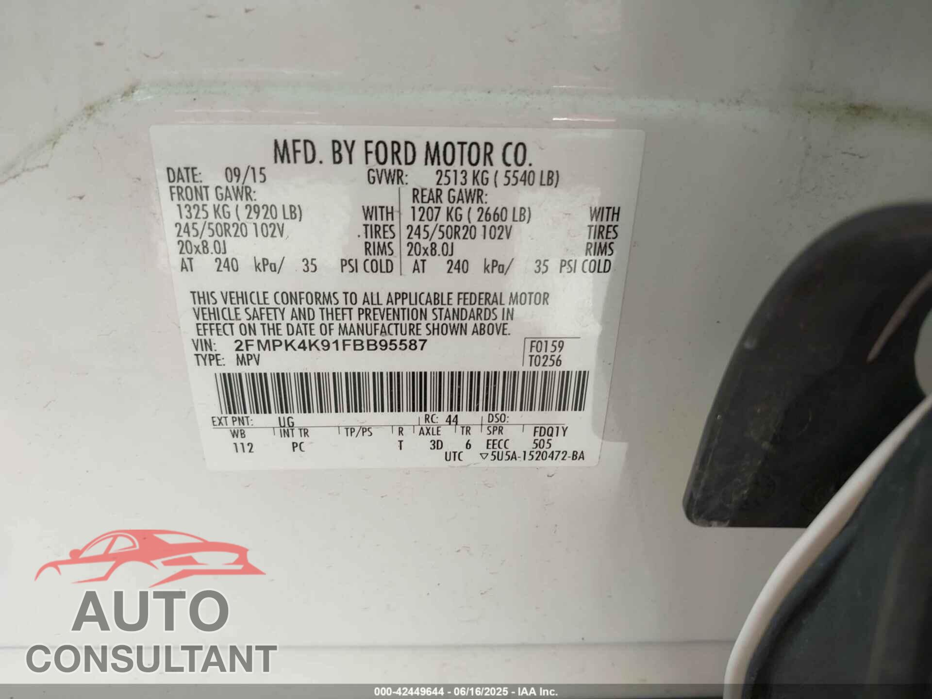 FORD EDGE 2015 - 2FMPK4K91FBB95587