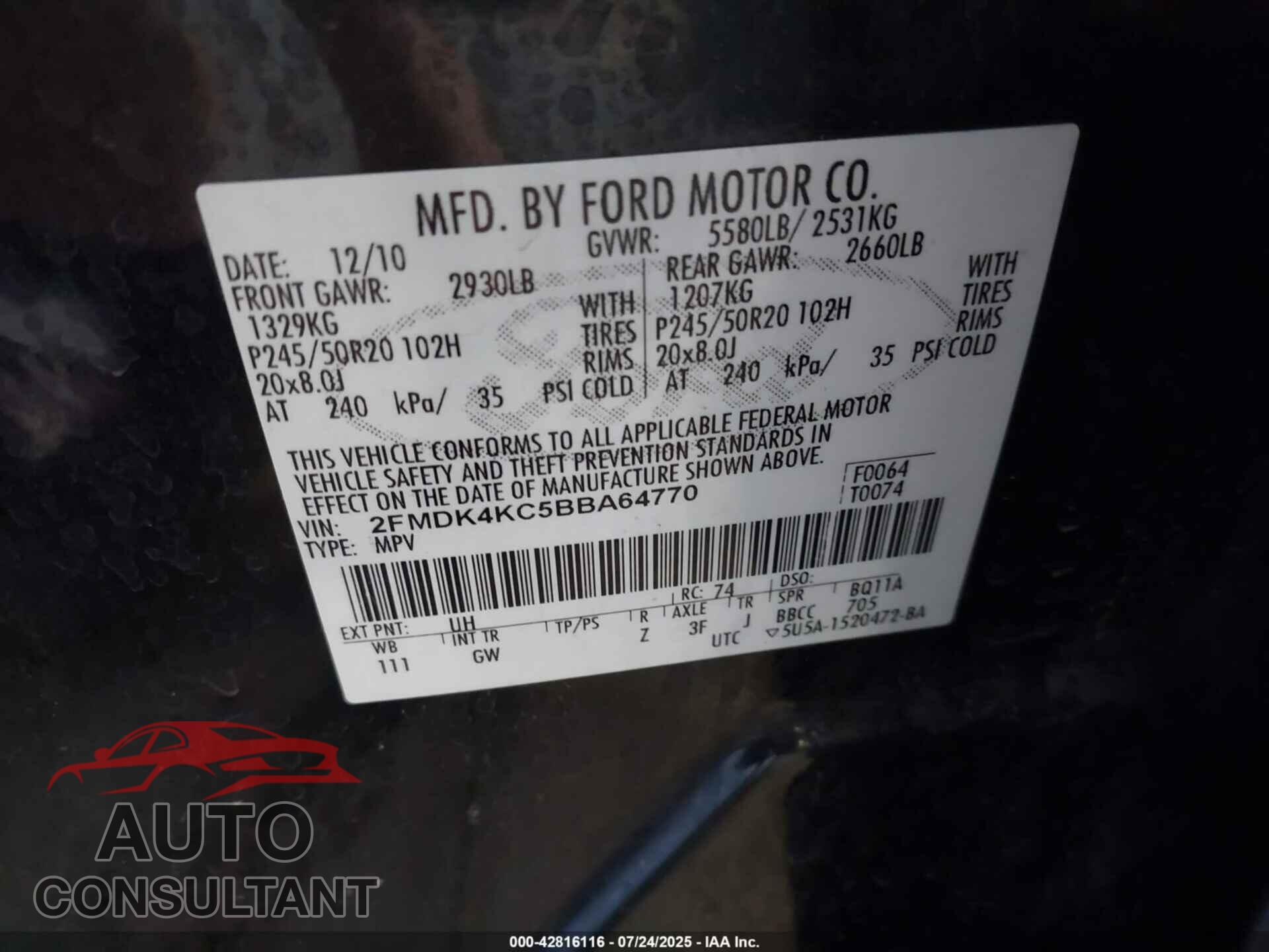 FORD EDGE 2011 - 2FMDK4KC5BBA64770
