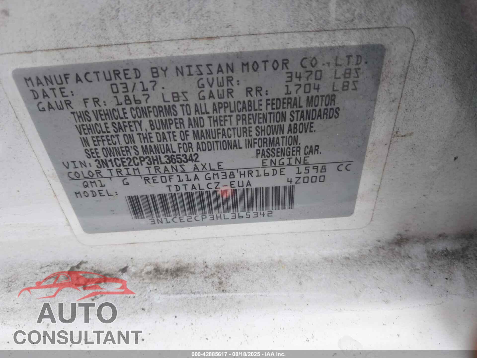 NISSAN VERSA NOTE 2017 - 3N1CE2CP3HL365342