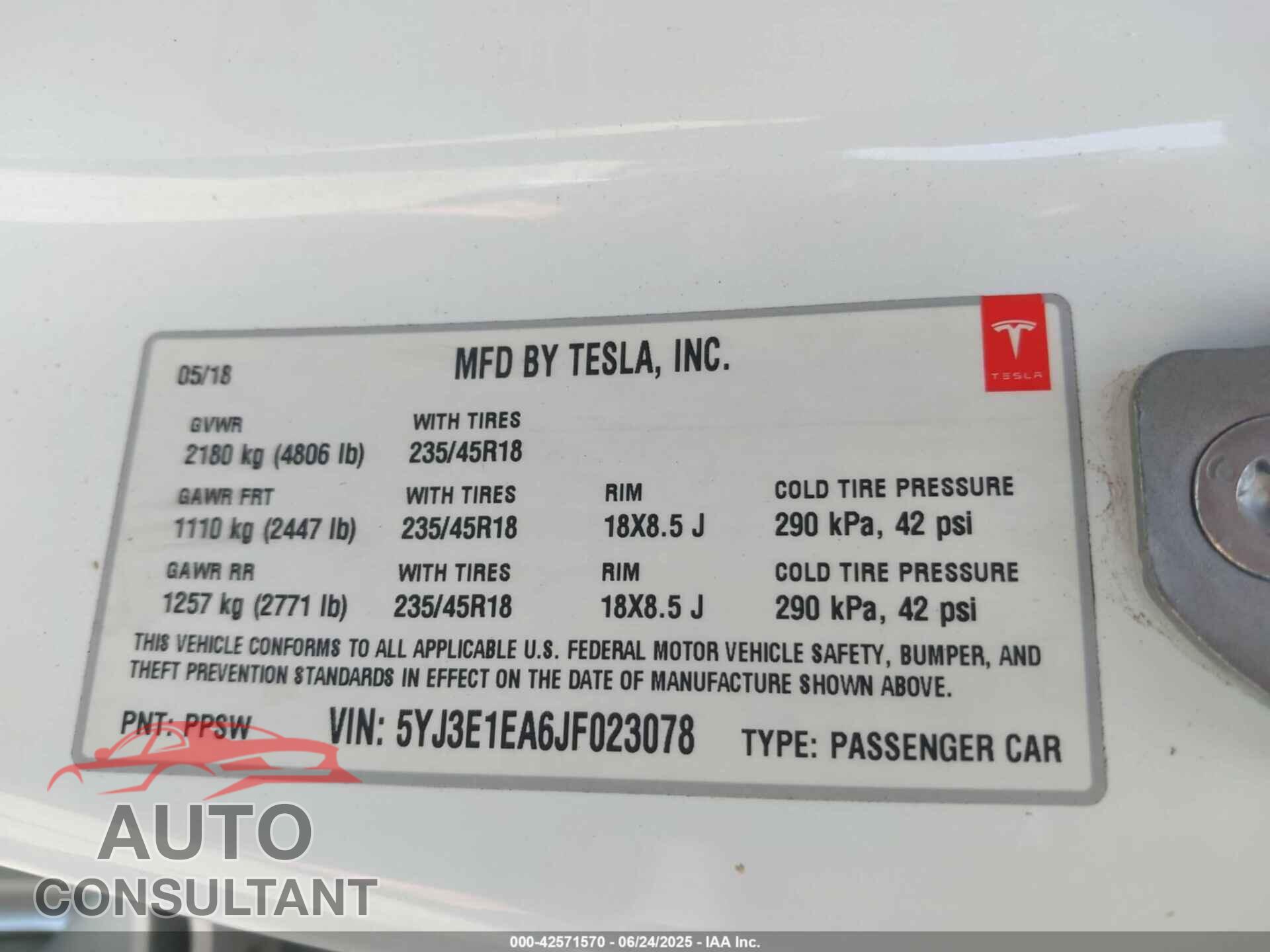 TESLA MODEL 3 2018 - 5YJ3E1EA6JF023078