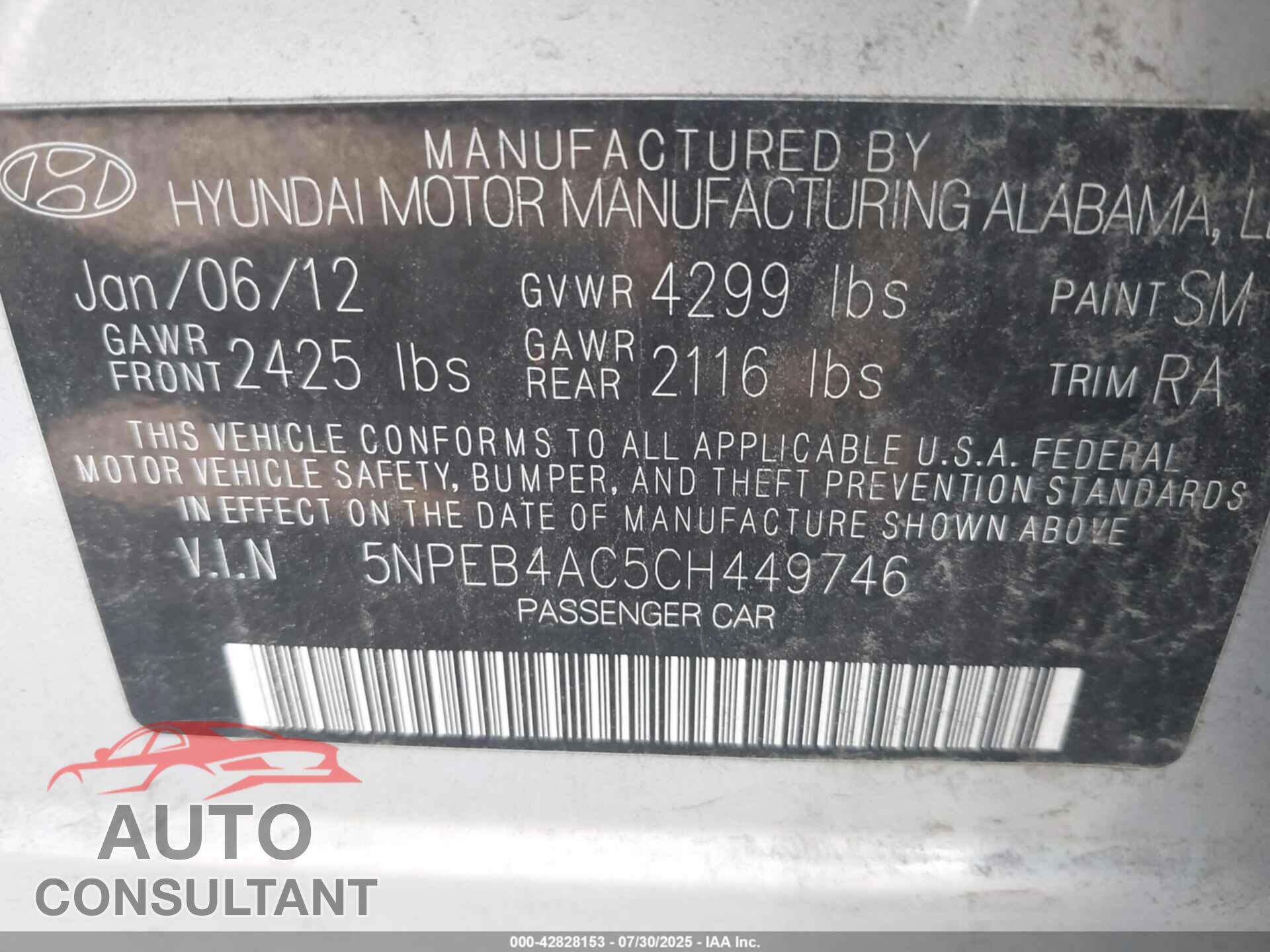 HYUNDAI SONATA 2012 - 5NPEB4AC5CH449746