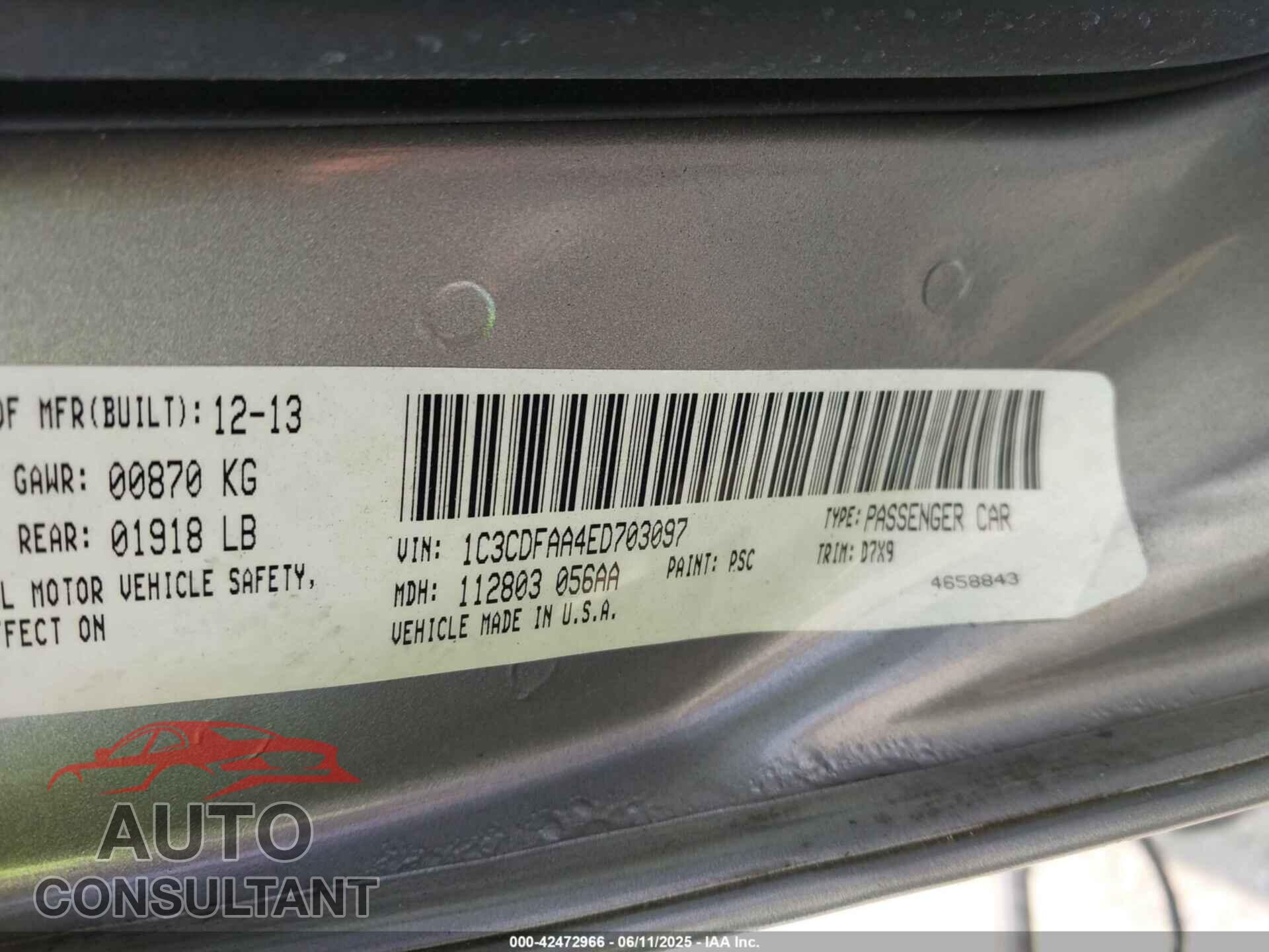 DODGE DART 2014 - 1C3CDFAA4ED703097