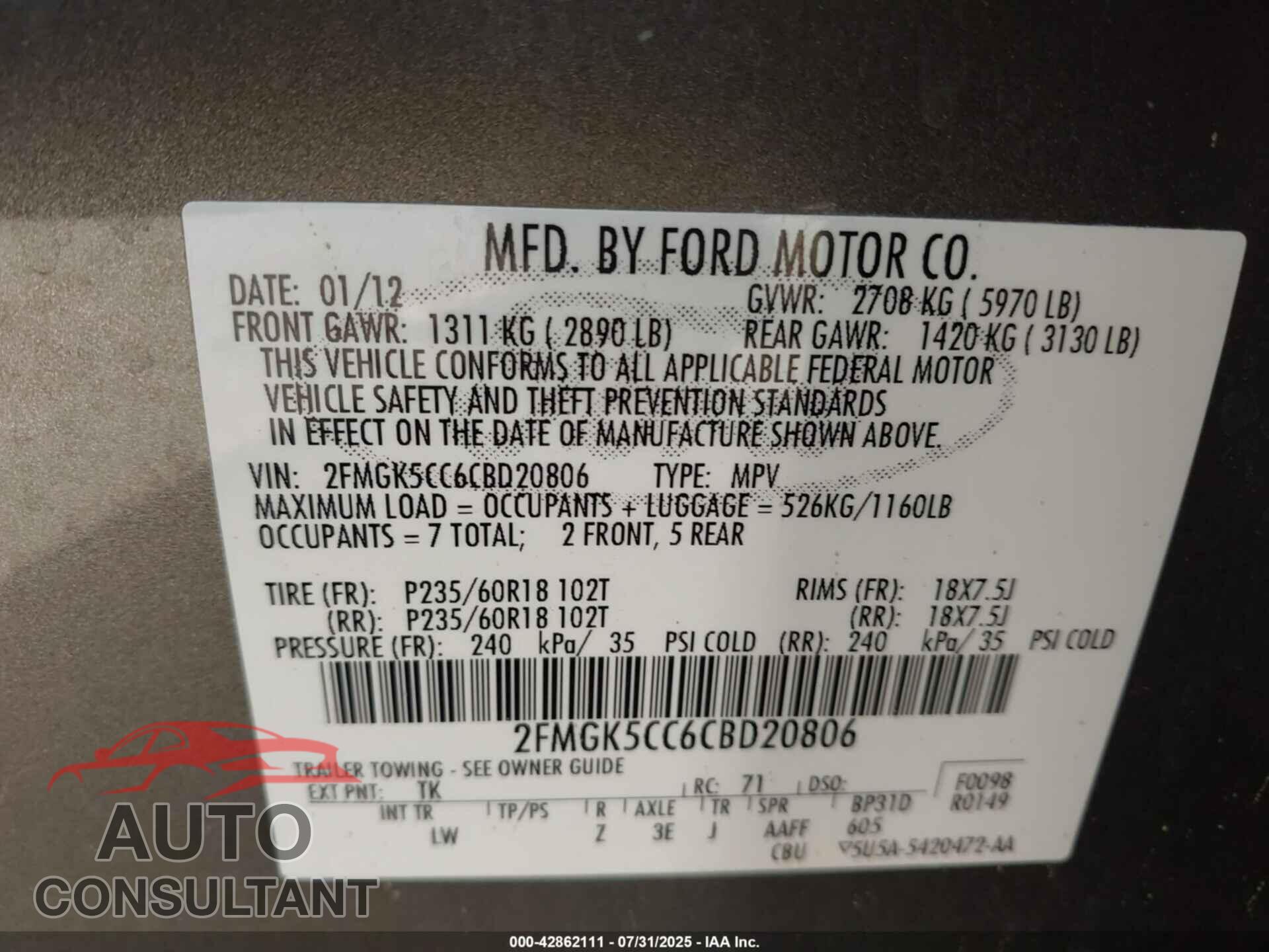 FORD FLEX 2012 - 2FMGK5CC6CBD20806