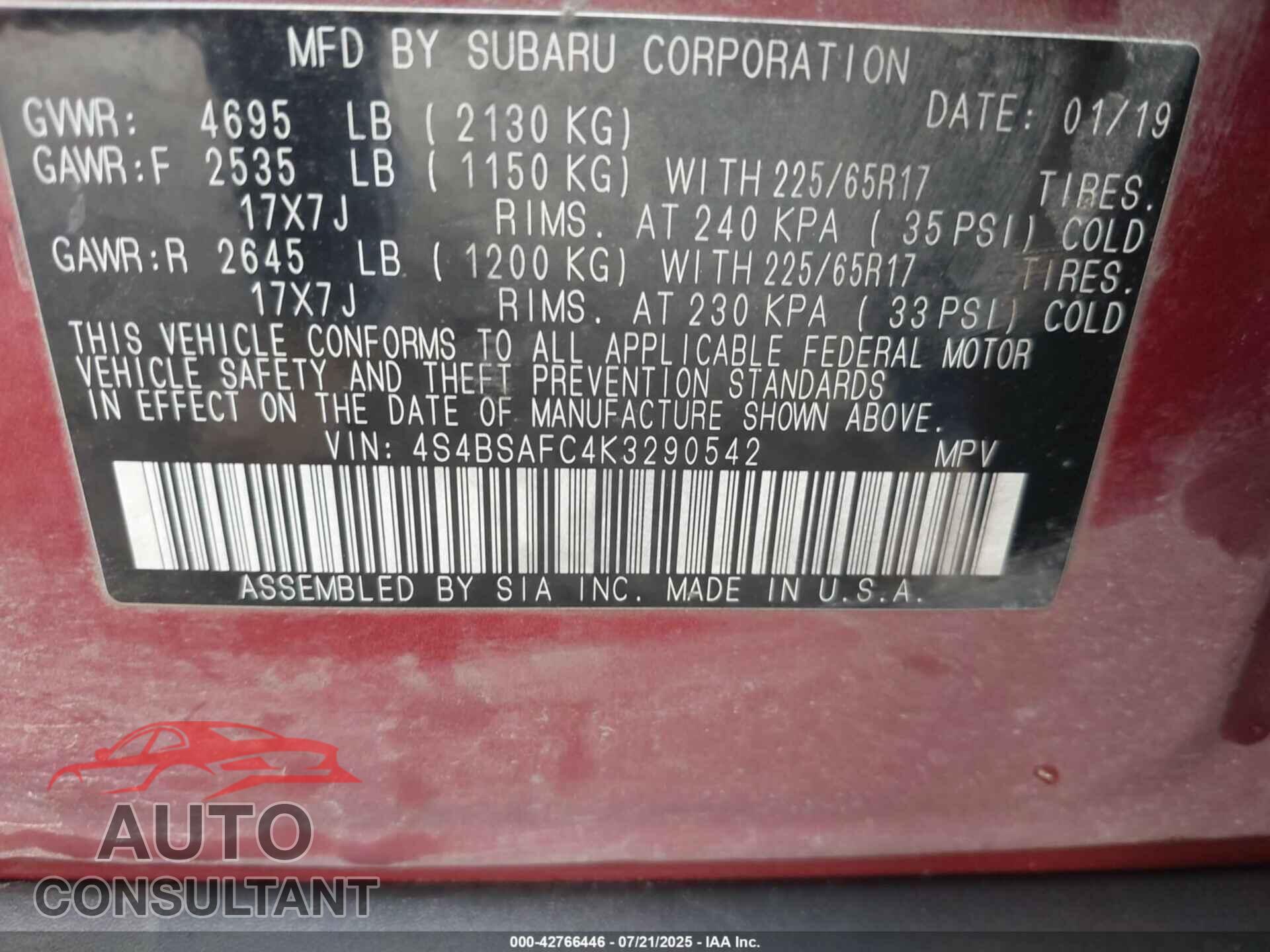 SUBARU OUTBACK 2019 - 4S4BSAFC4K3290542