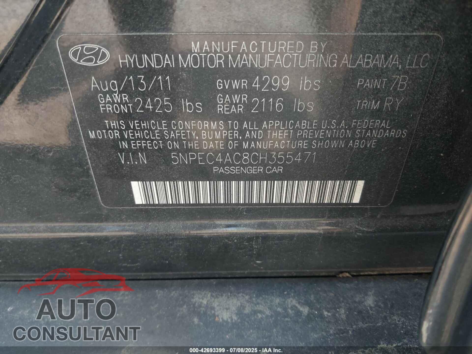 HYUNDAI SONATA 2012 - 5NPEC4AC8CH355471