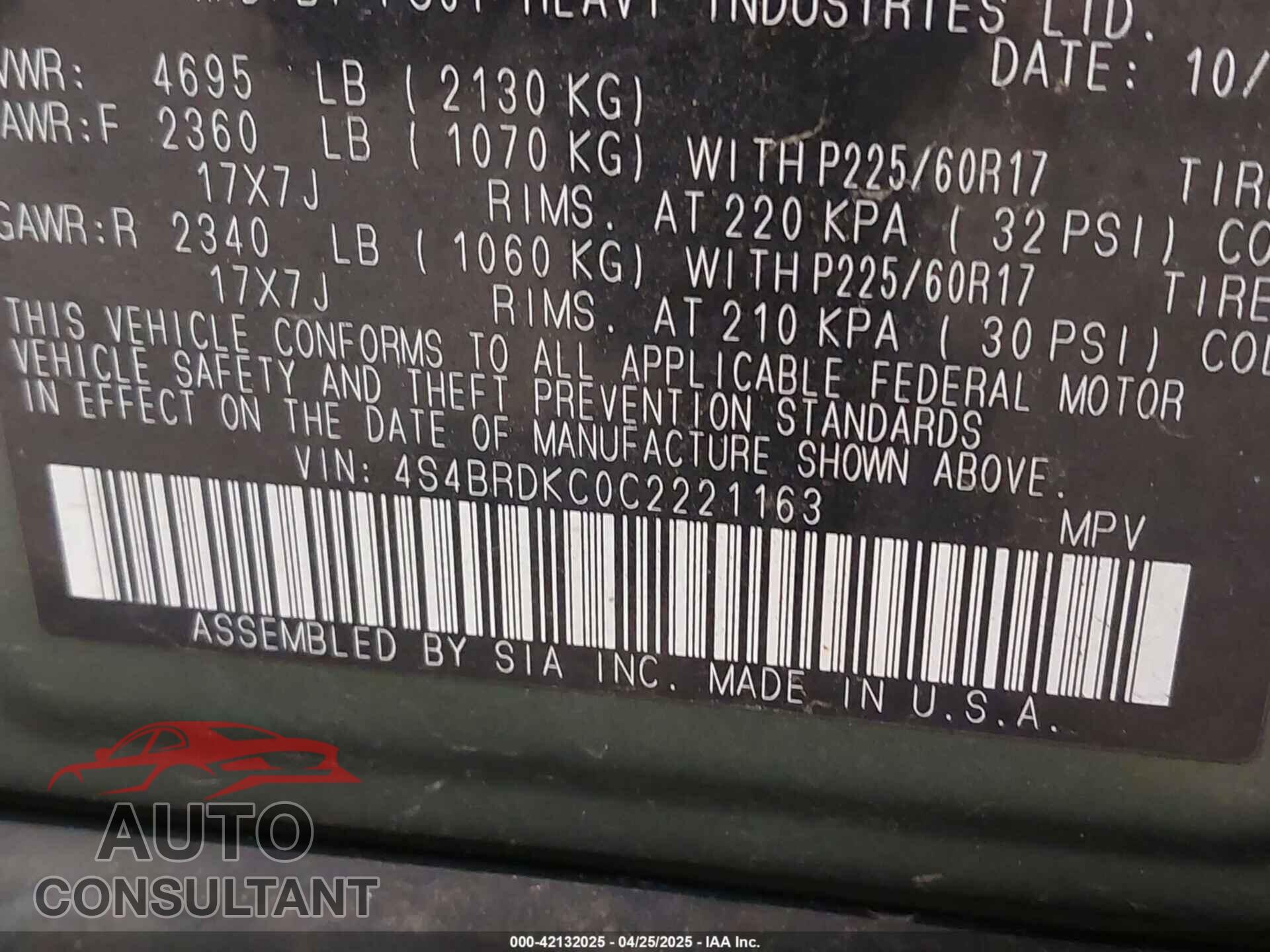 SUBARU OUTBACK 2012 - 4S4BRDKC0C2221163