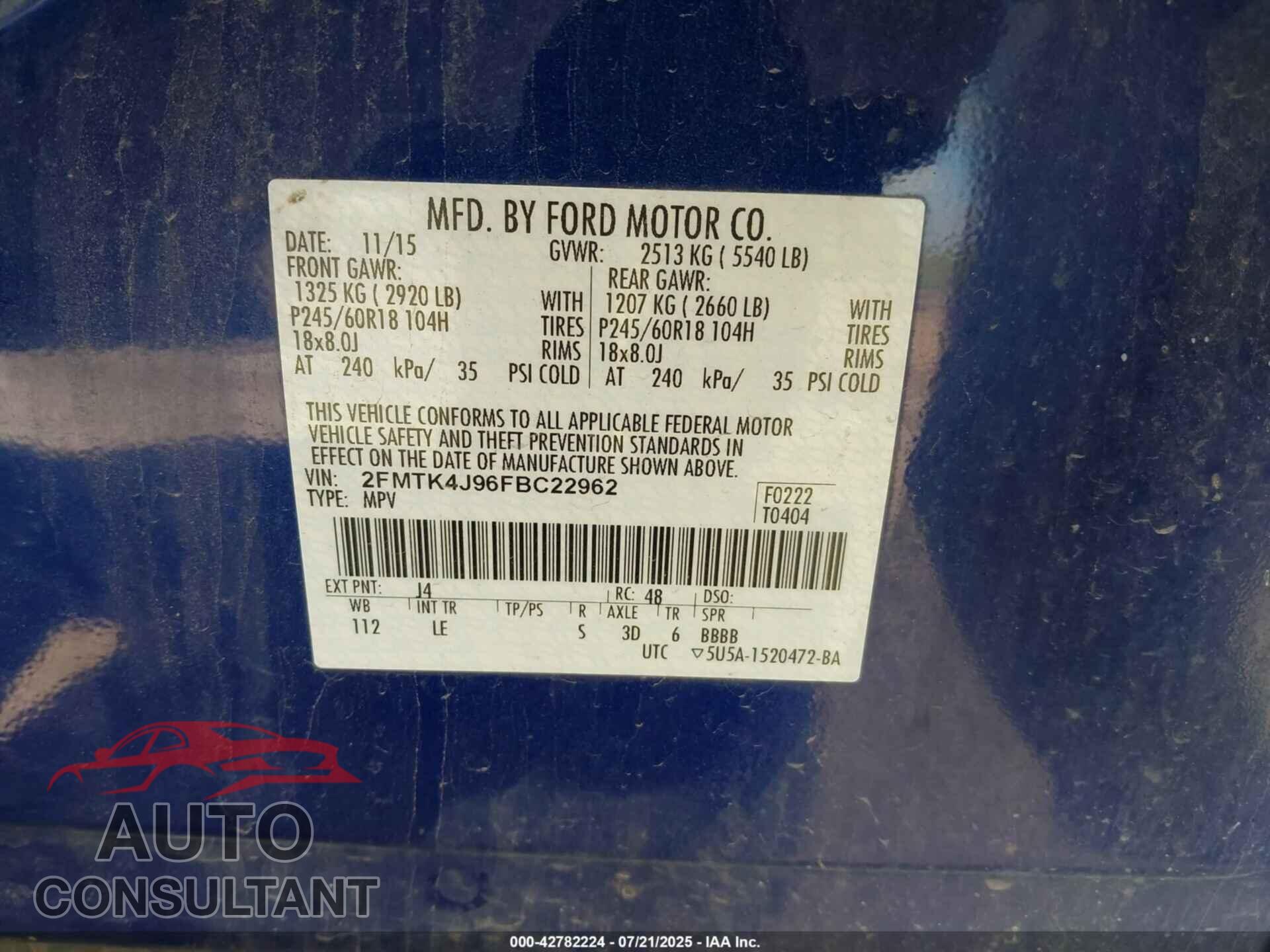FORD EDGE 2015 - 2FMTK4J96FBC22962