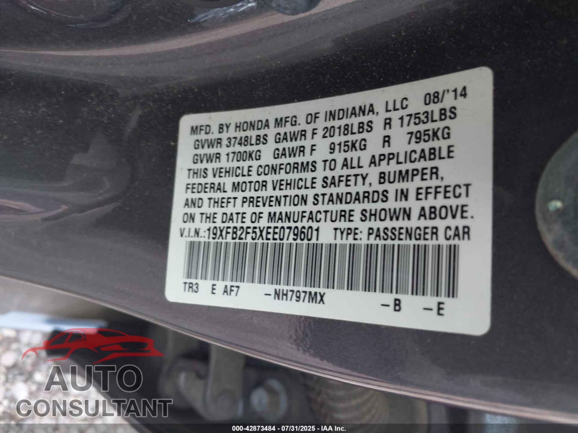 HONDA CIVIC 2014 - 19XFB2F5XEE079601
