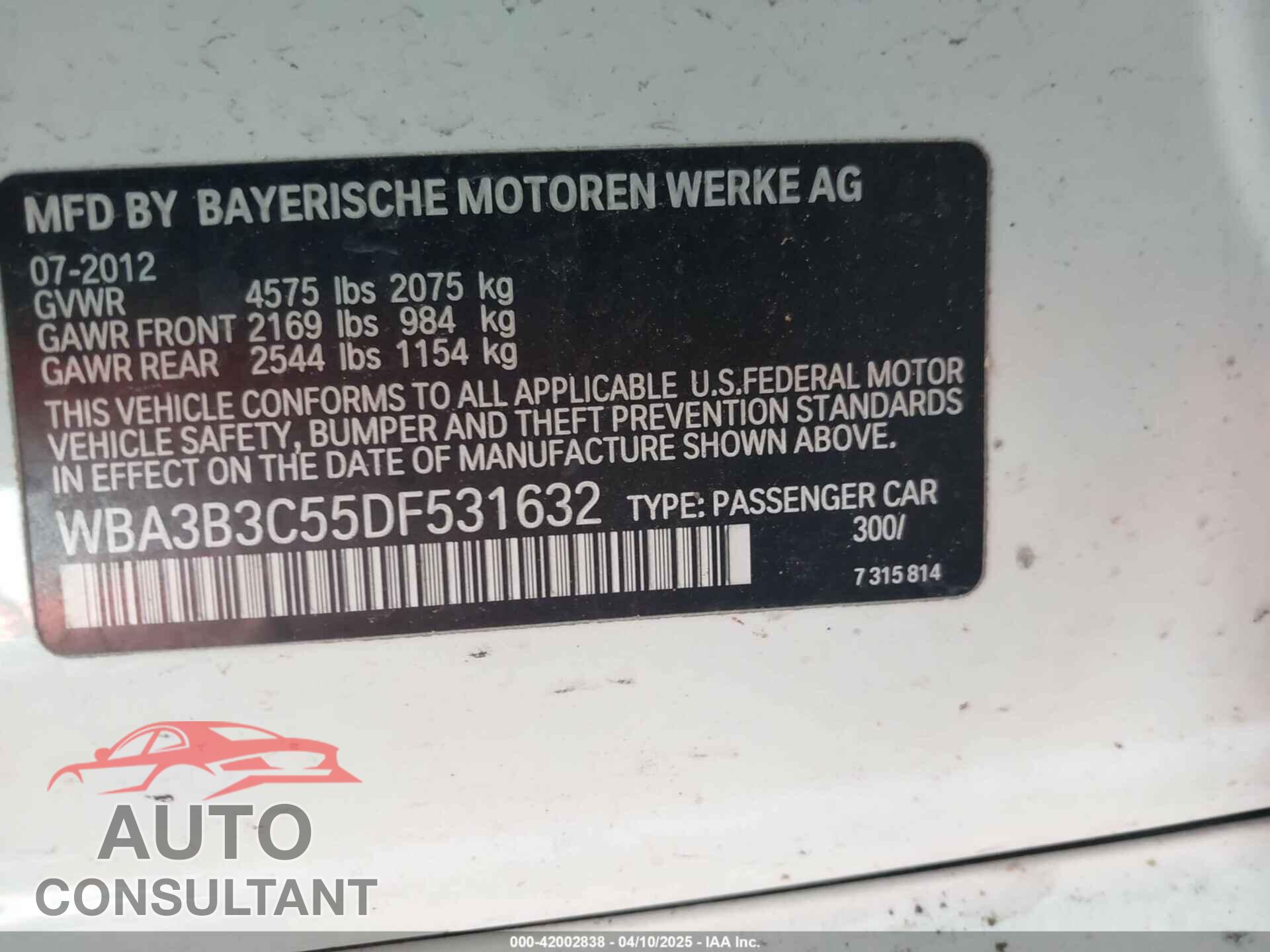 BMW 3 SERIES 2013 - WBA3B3C55DF531632