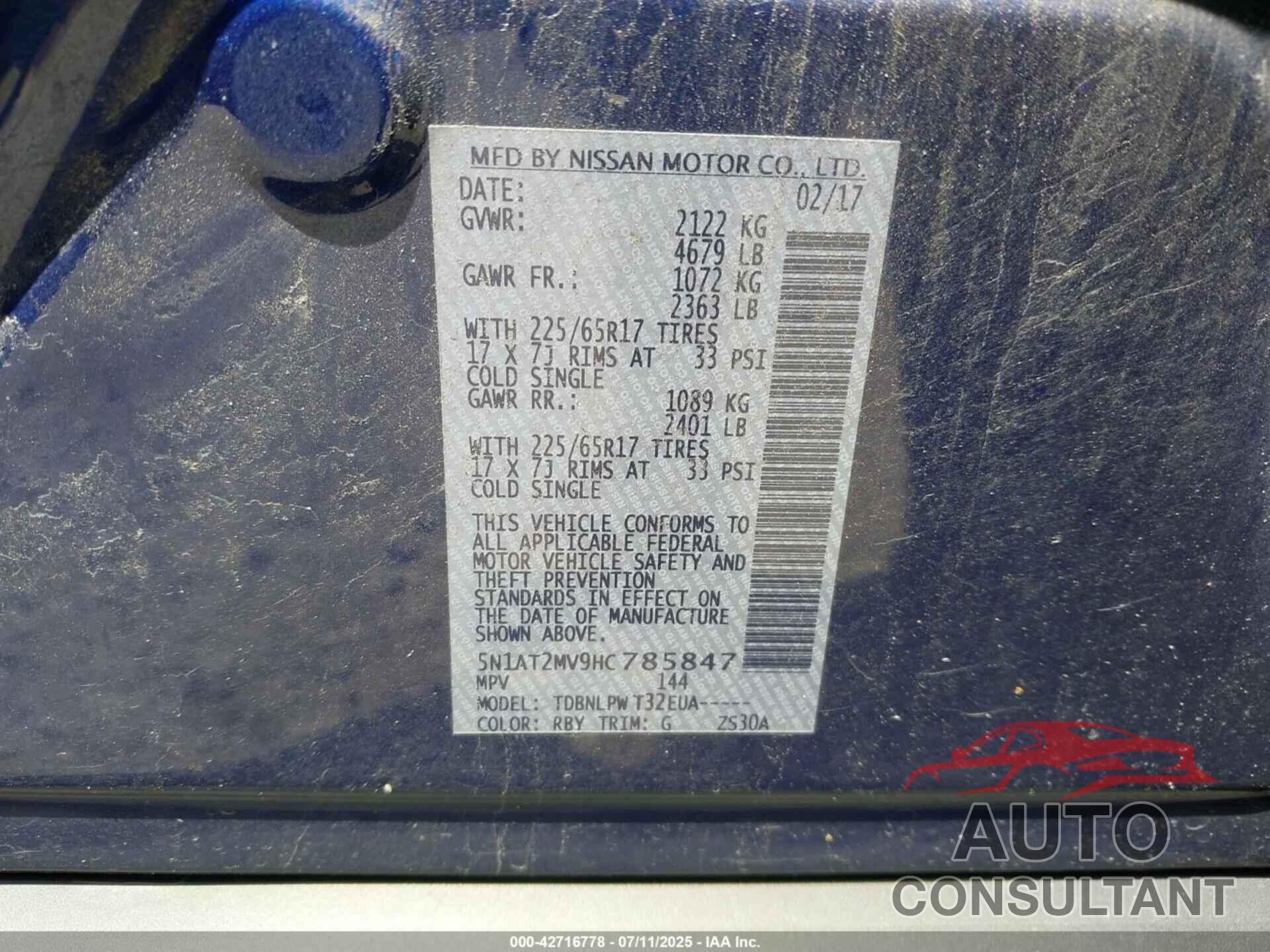 NISSAN ROGUE 2017 - 5N1AT2MV9HC785847