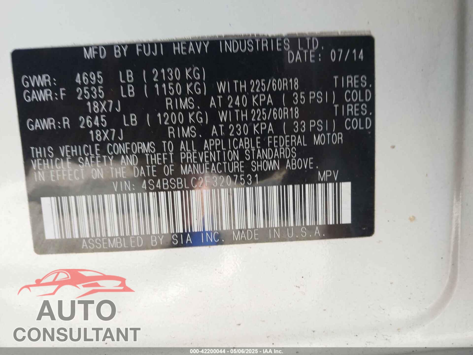 SUBARU OUTBACK 2015 - 4S4BSBLC2F3207531