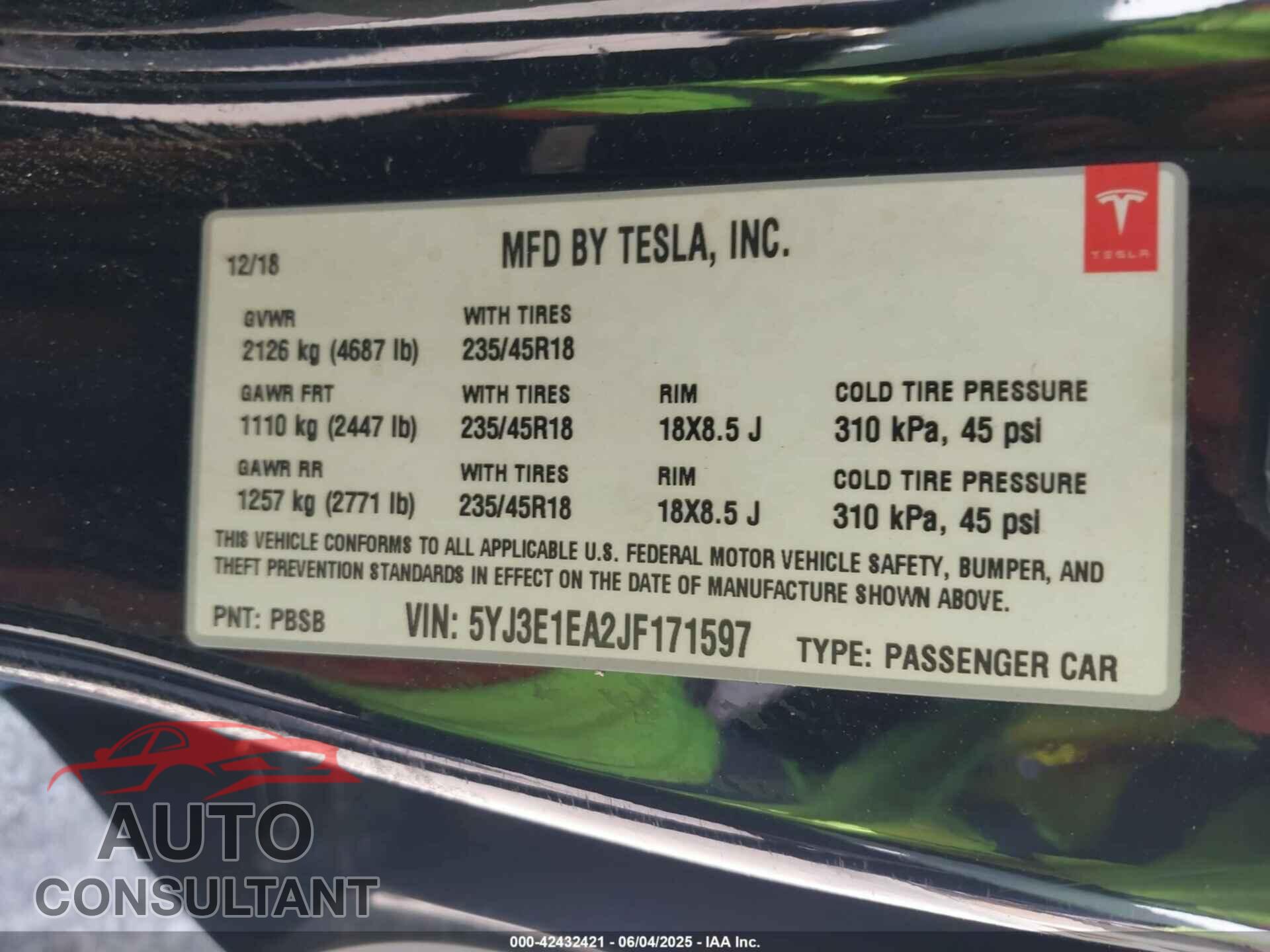 TESLA MODEL 3 2018 - 5YJ3E1EA2JF171597