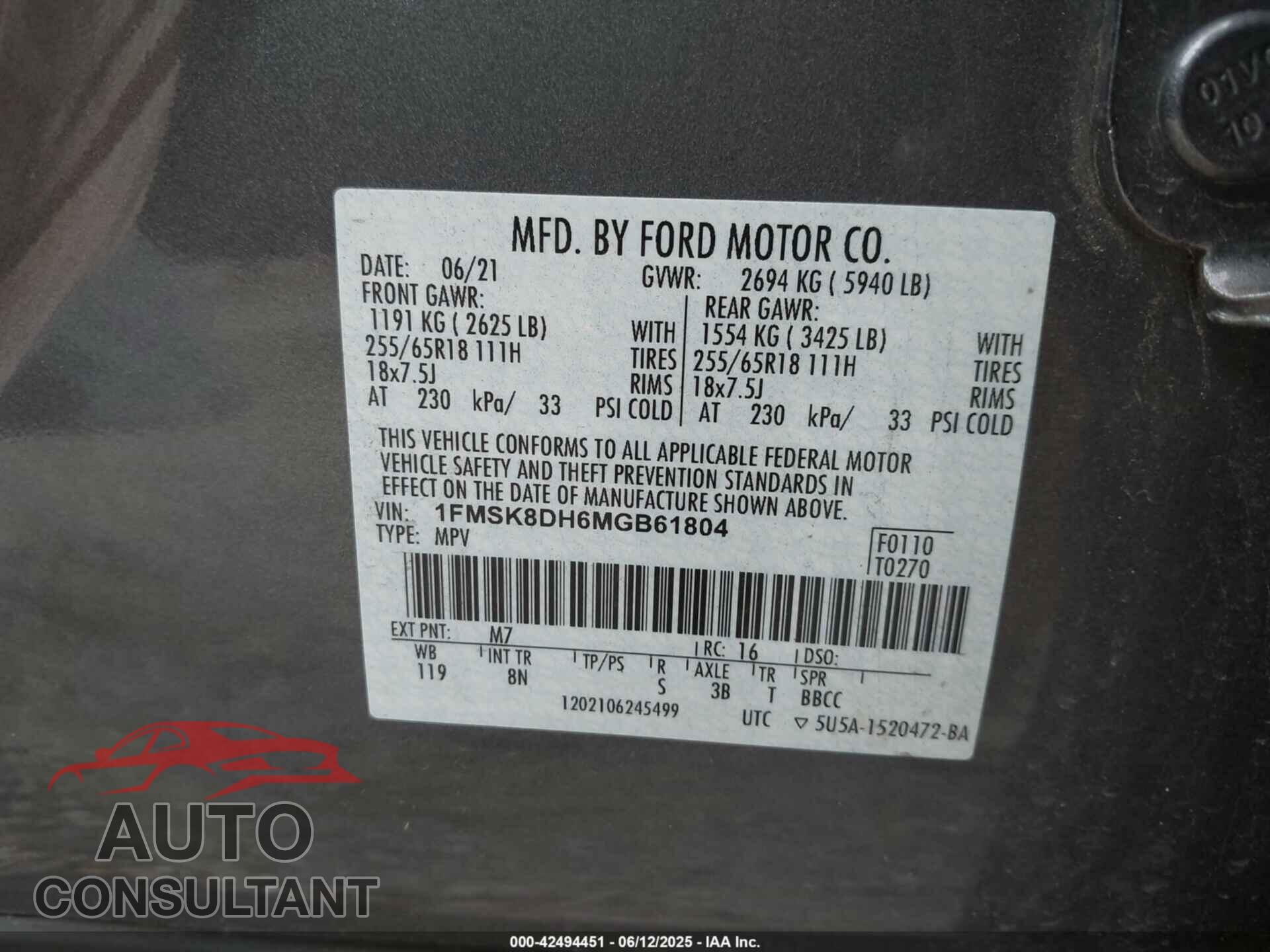 FORD EXPLORER 2021 - 1FMSK8DH6MGB61804