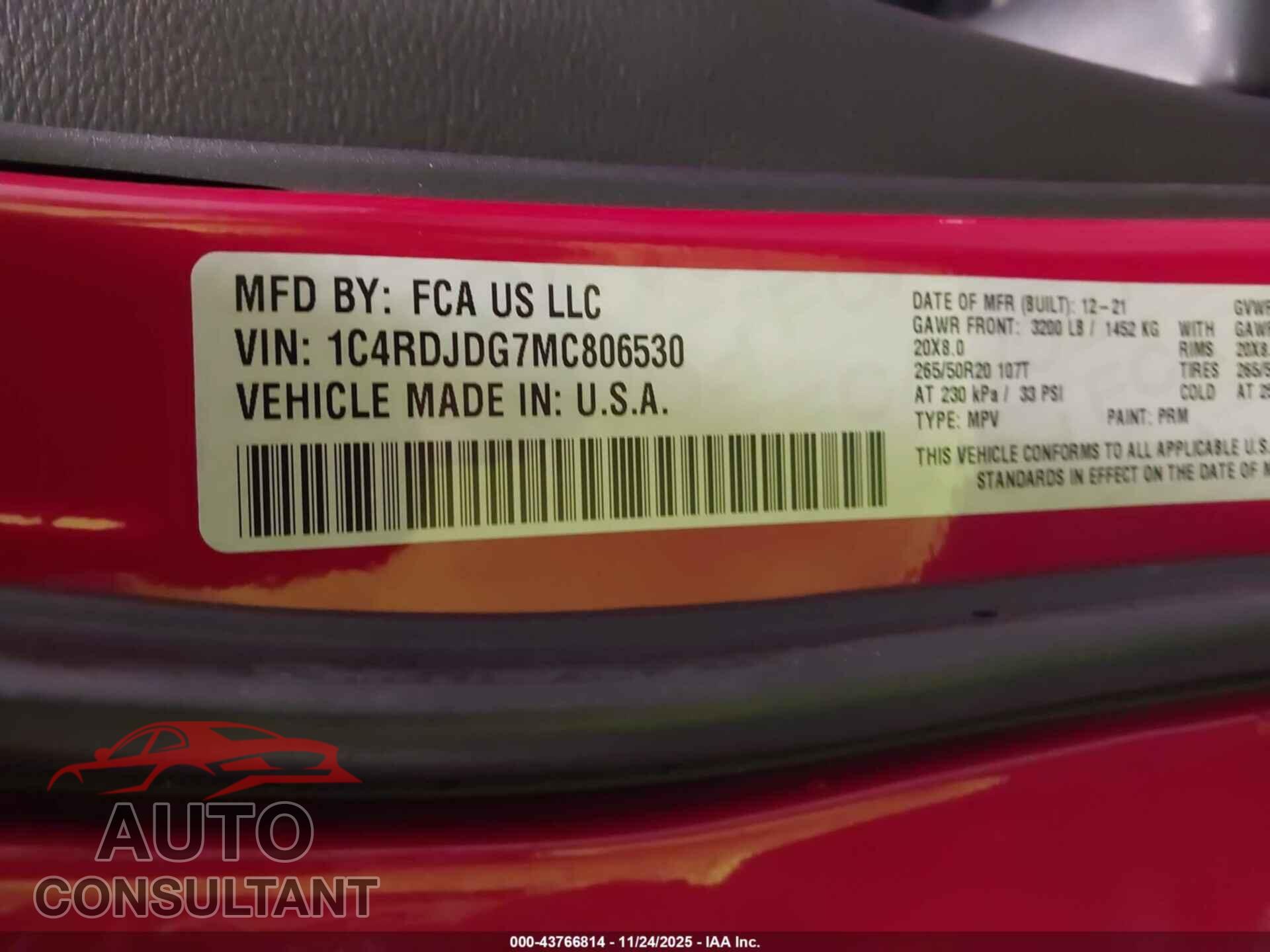 DODGE DURANGO 2021 - 1C4RDJDG7MC806530