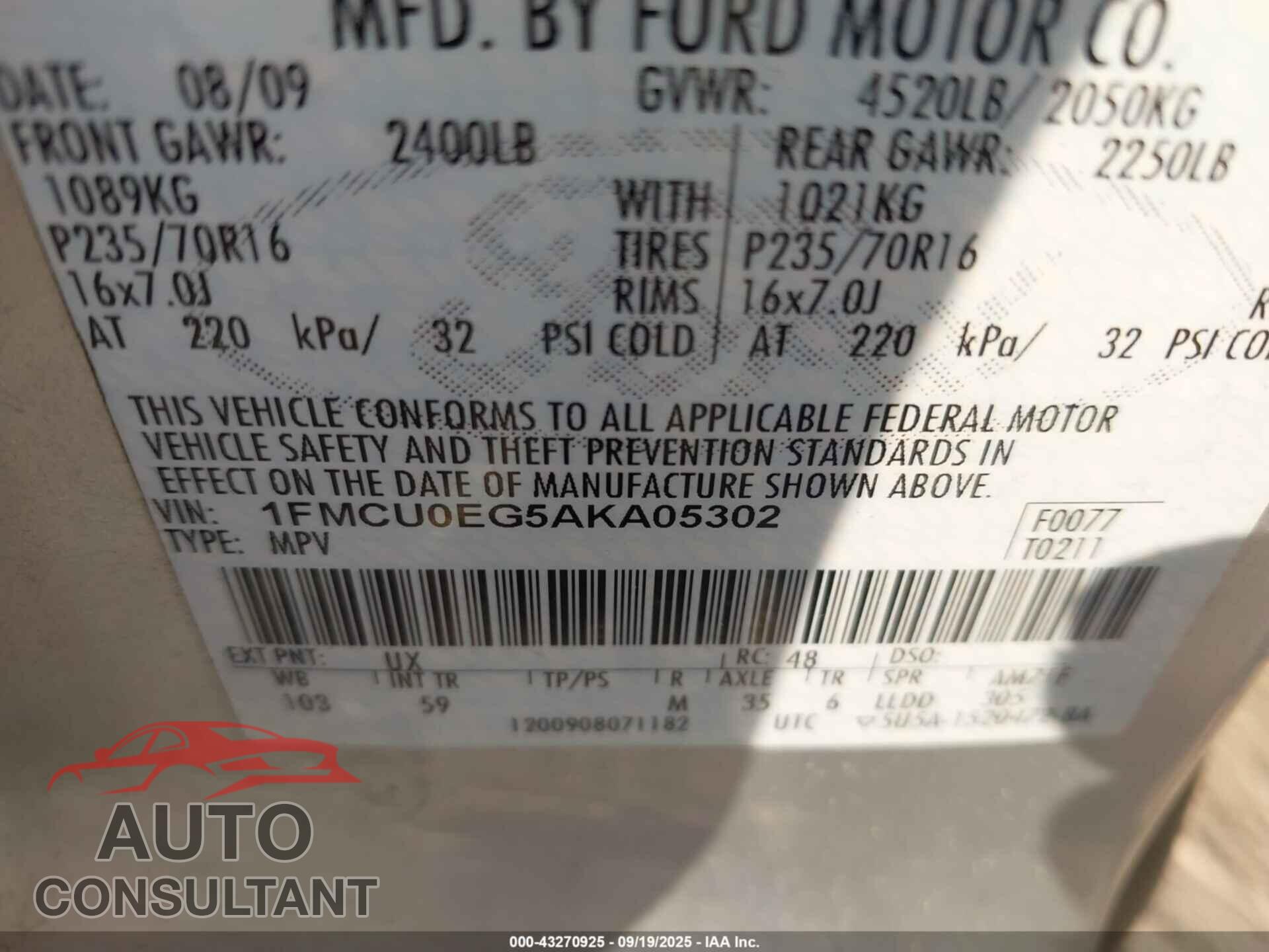 FORD ESCAPE 2010 - 1FMCU0EG5AKA05302