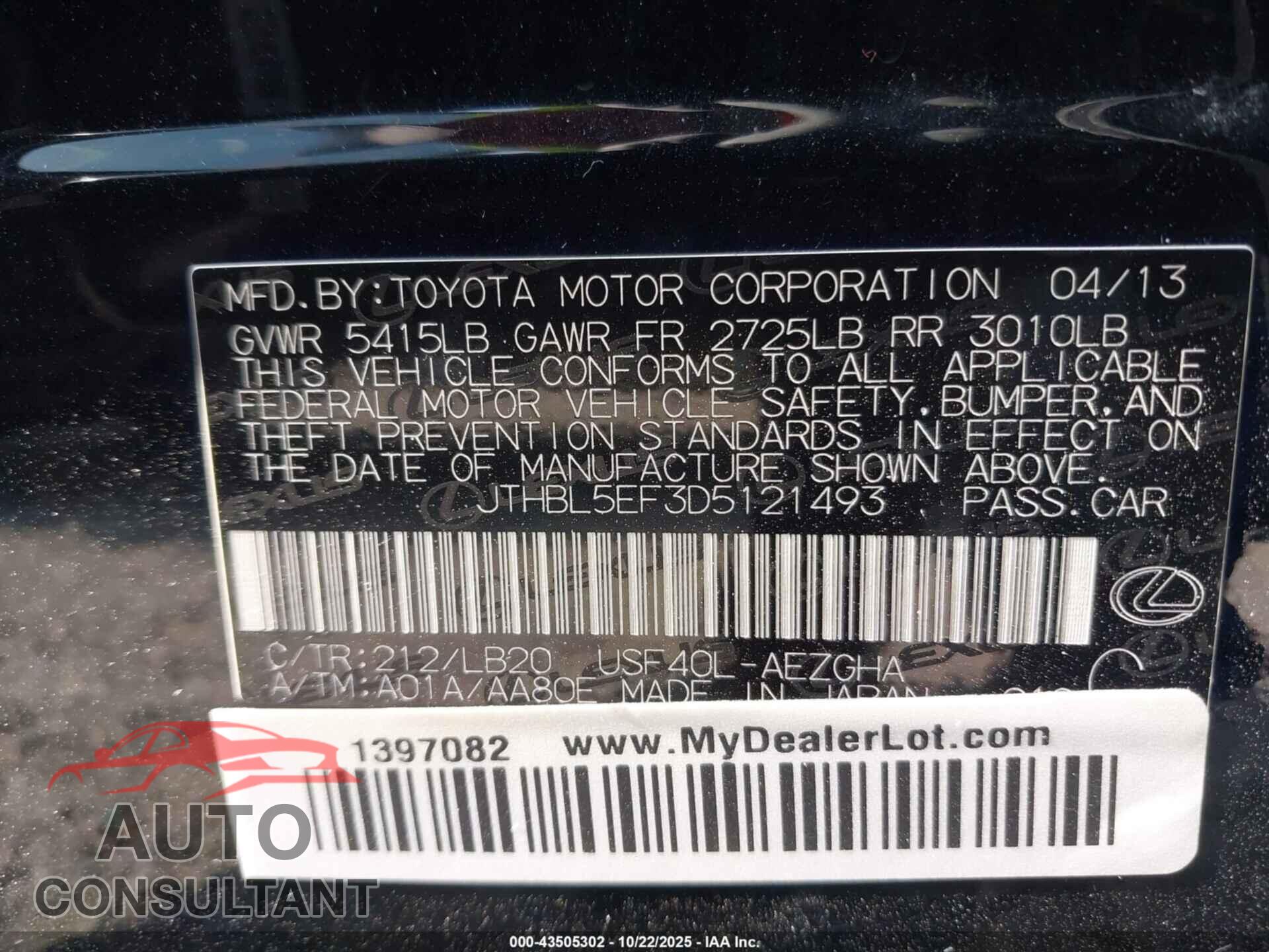 LEXUS LS 460 2013 - JTHBL5EF3D5121493