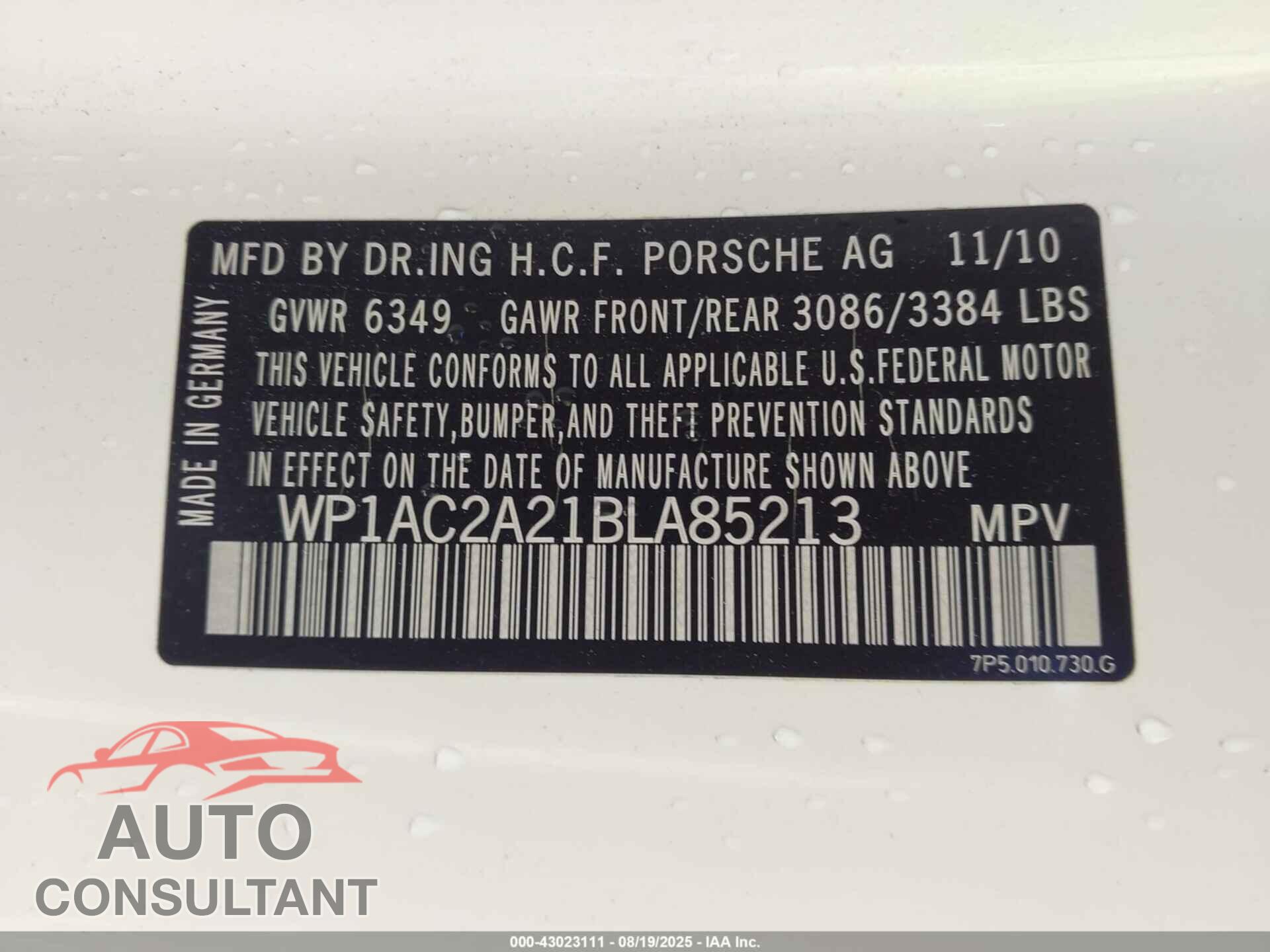 PORSCHE CAYENNE 2011 - WP1AC2A21BLA85213
