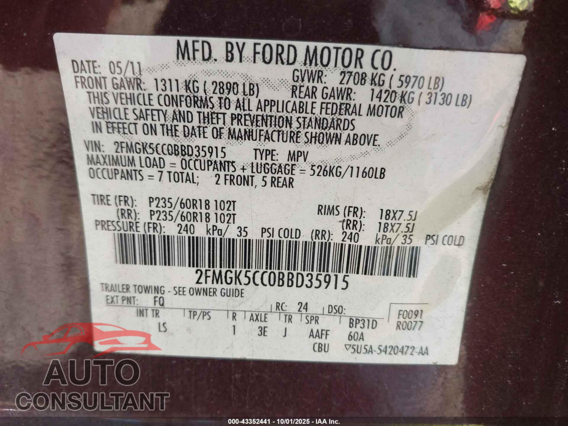 FORD FLEX 2011 - 2FMGK5CC0BBD35915