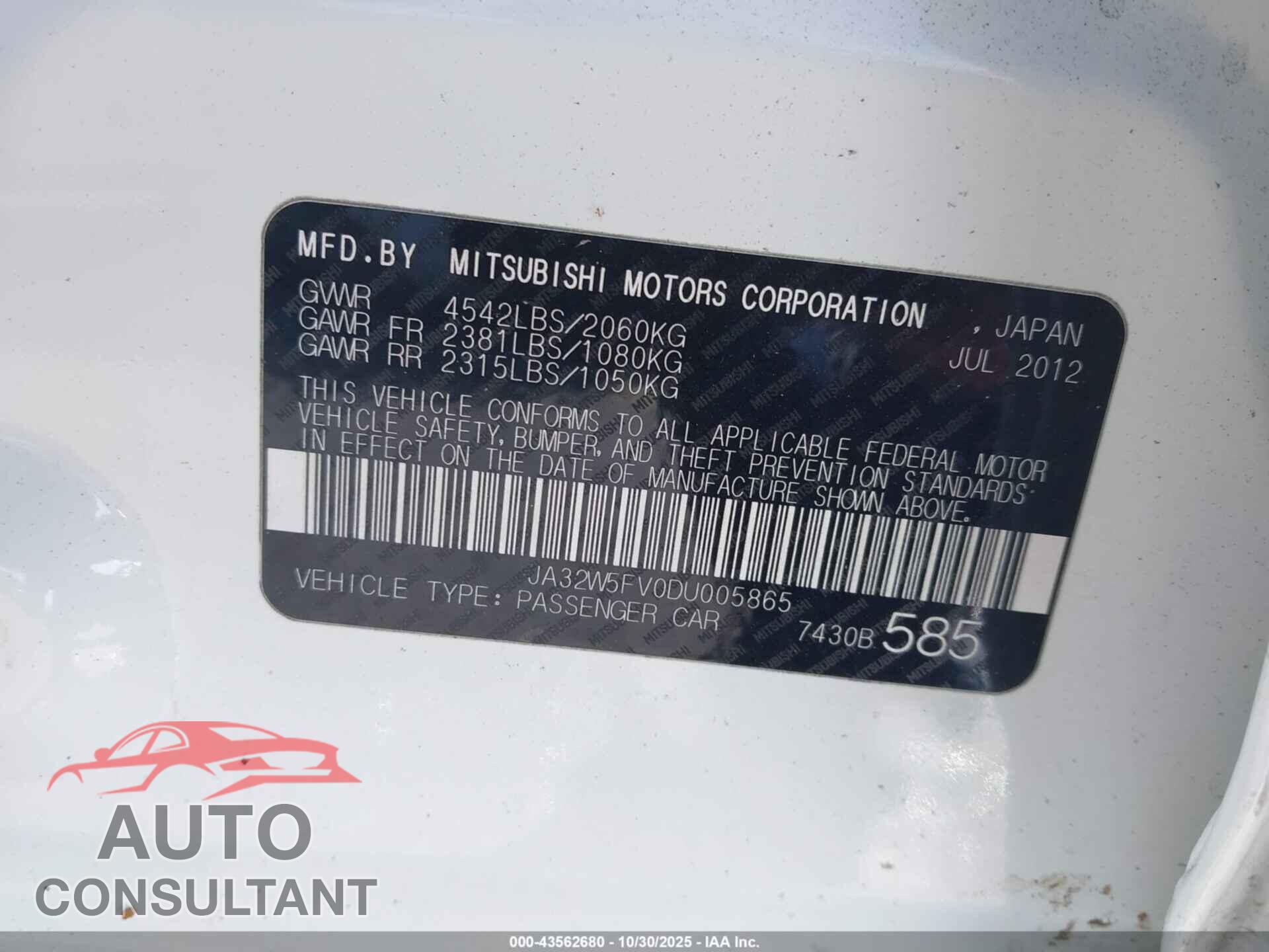 MITSUBISHI LANCER EVOLUTION 2013 - JA32W5FV0DU005865