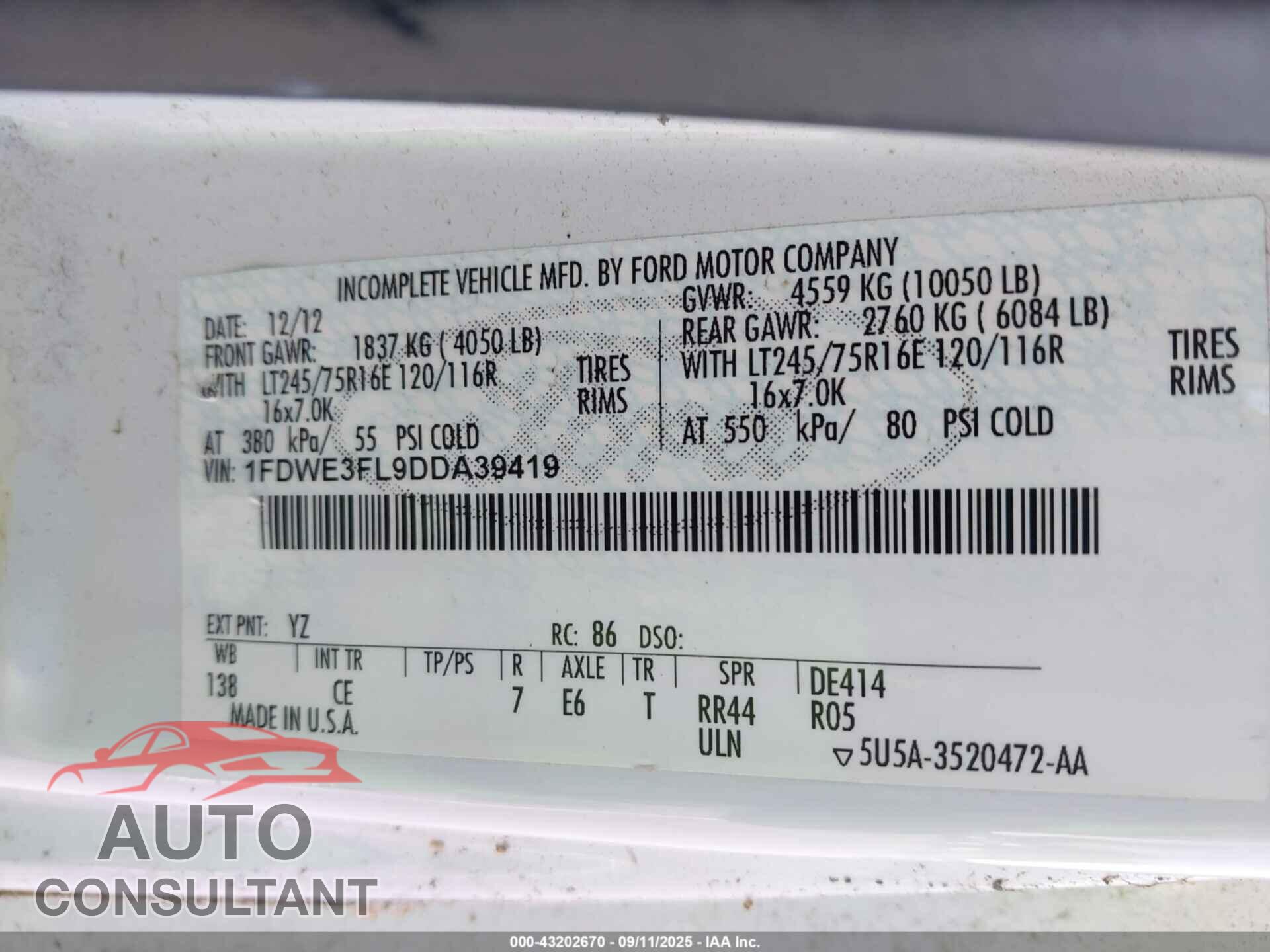 FORD E-350 CUTAWAY 2013 - 1FDWE3FL9DDA39419