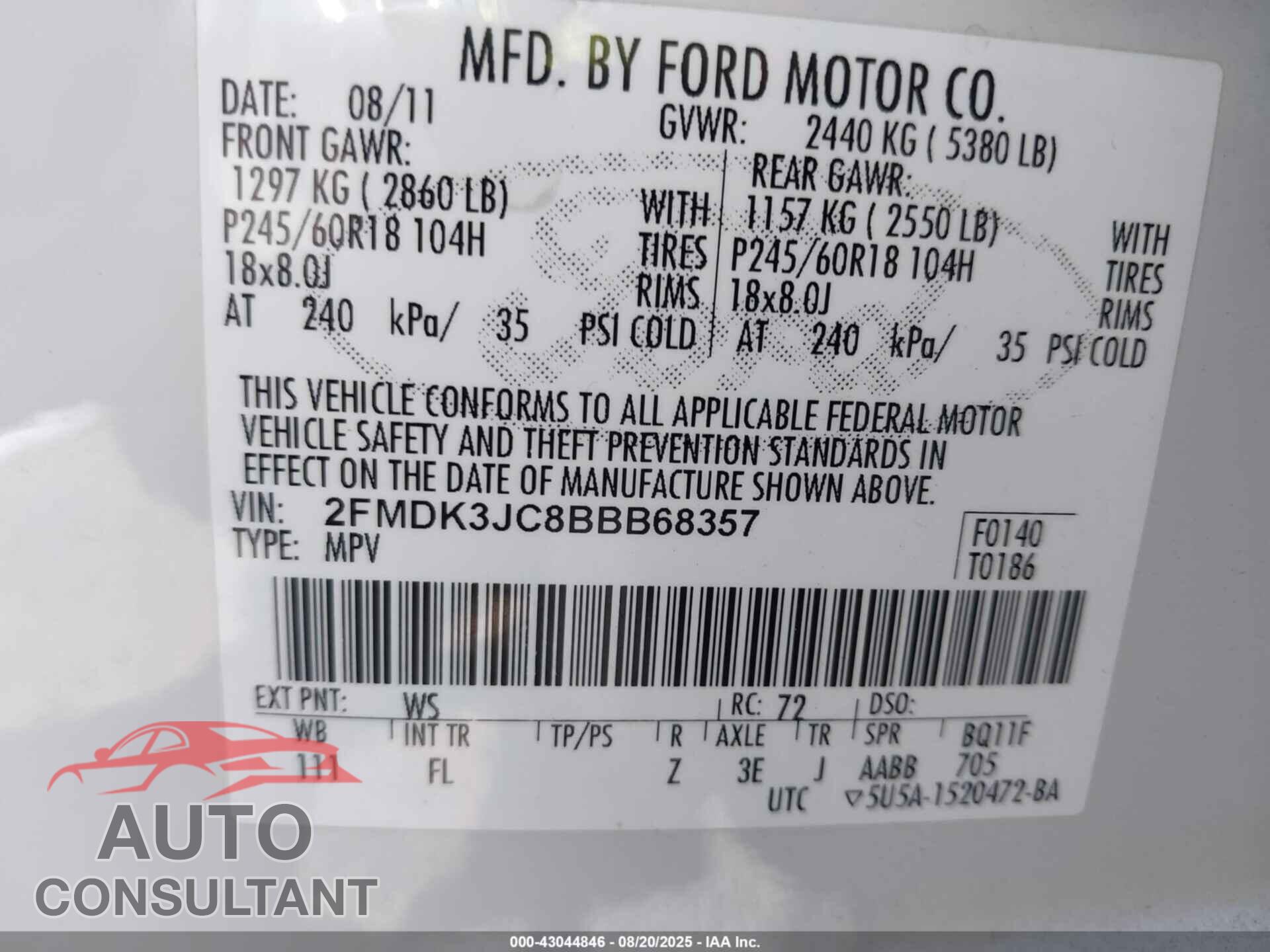FORD EDGE 2011 - 2FMDK3JC8BBB68357