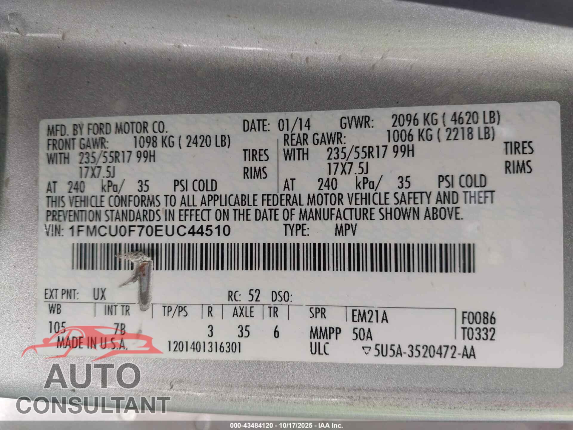 FORD ESCAPE 2014 - 1FMCU0F70EUC44510