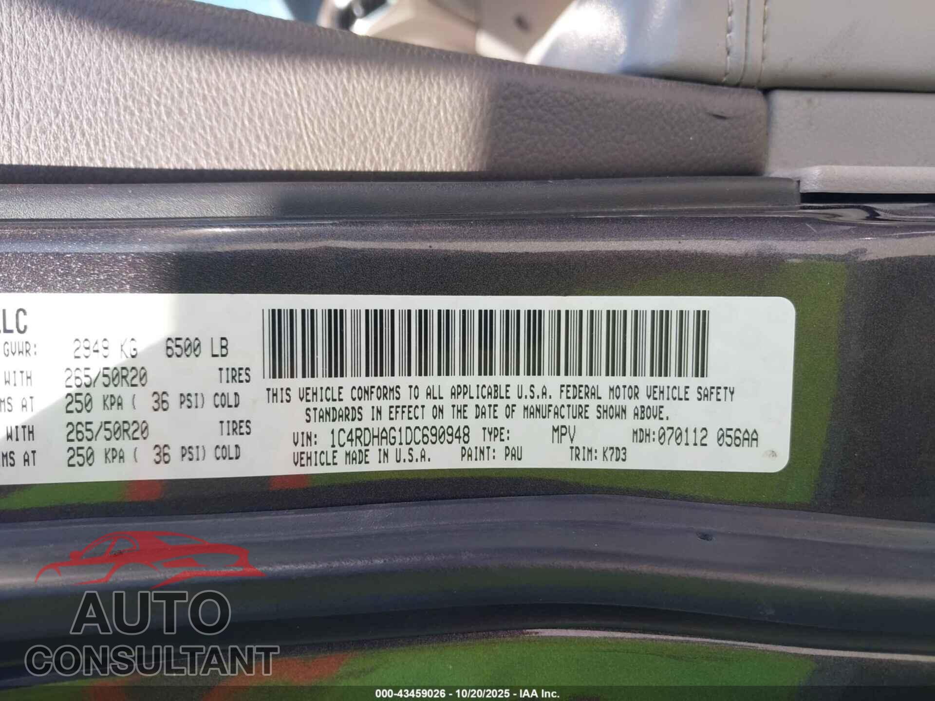 DODGE DURANGO 2013 - 1C4RDHAG1DC690948