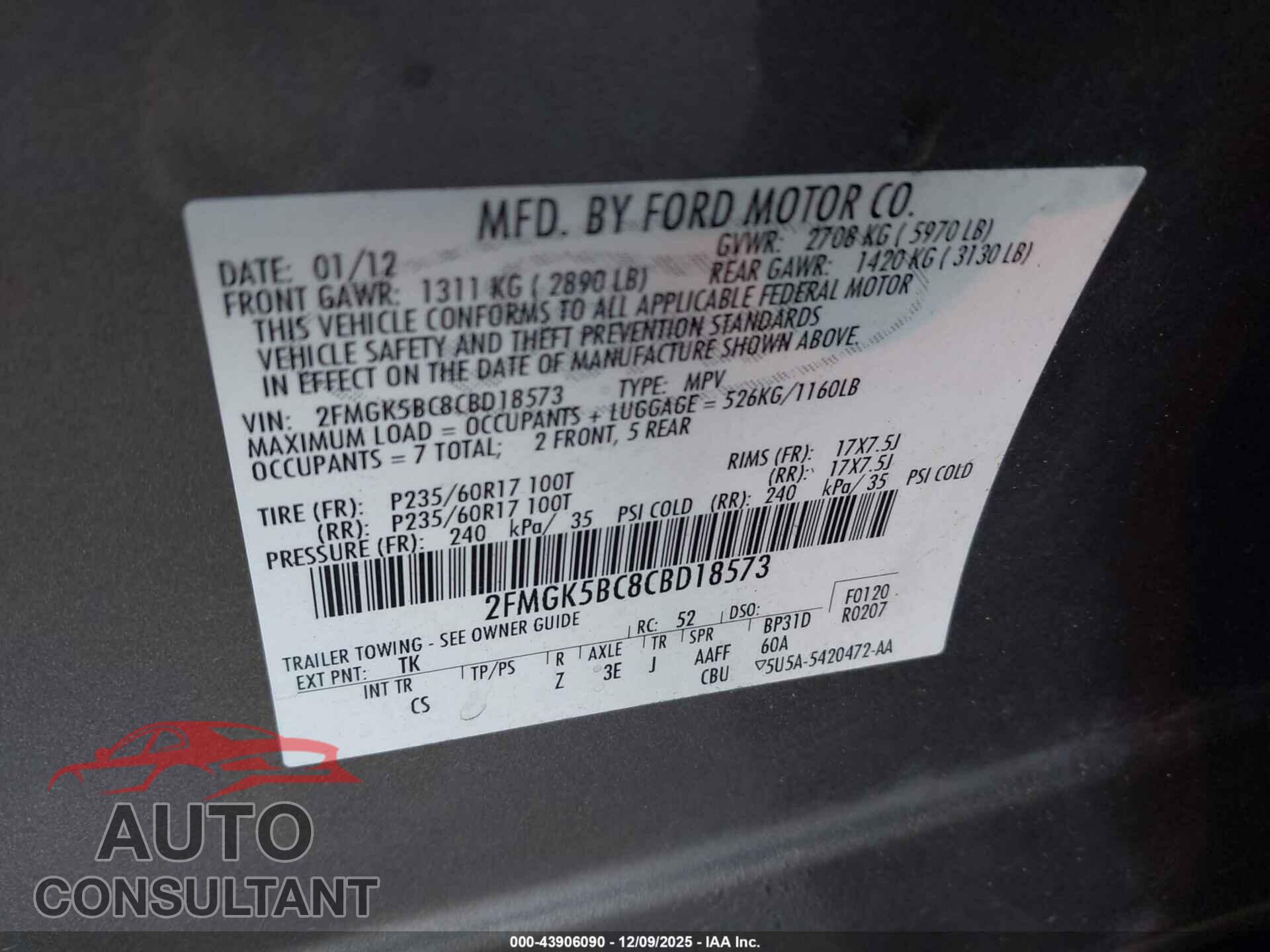 FORD FLEX 2012 - 2FMGK5BC8CBD18573