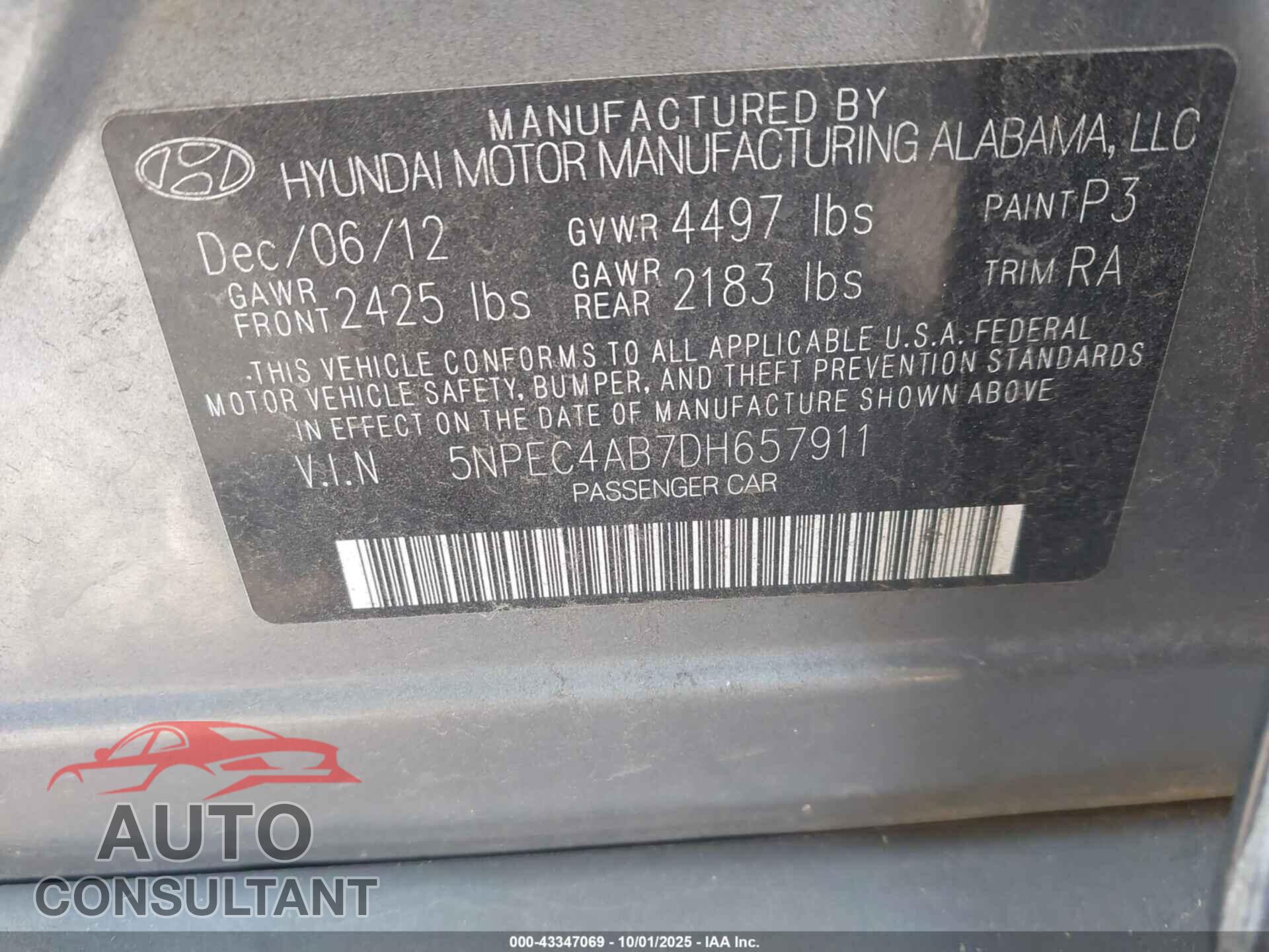 HYUNDAI SONATA 2013 - 5NPEC4AB7DH657911