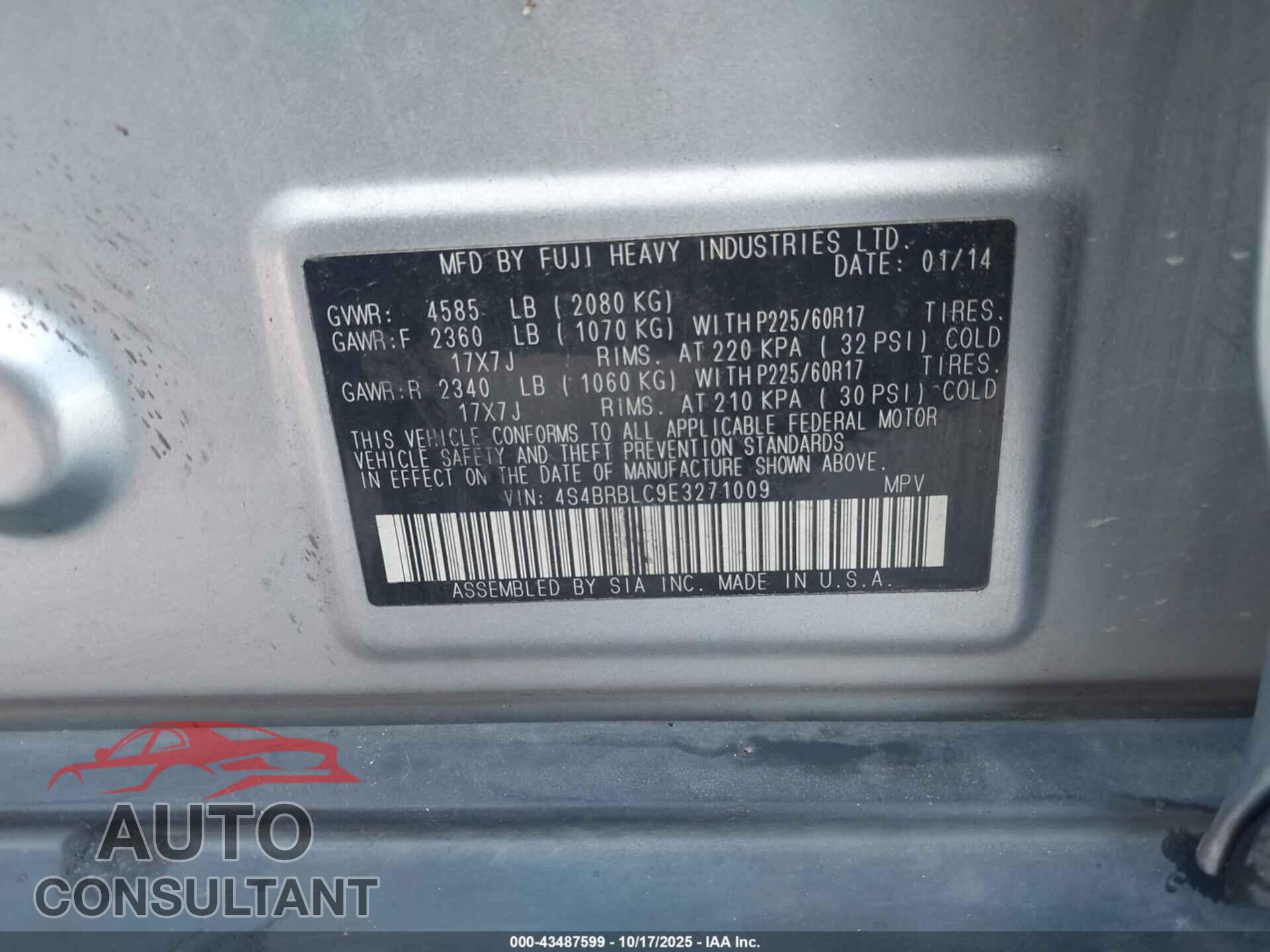 SUBARU OUTBACK 2014 - 4S4BRBLC9E3271009