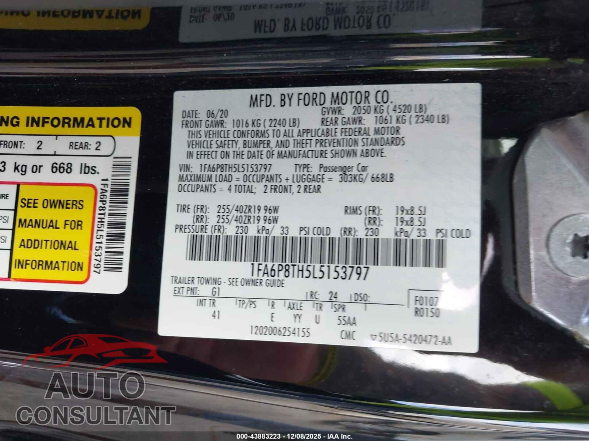 FORD MUSTANG 2020 - 1FA6P8TH5L5153797