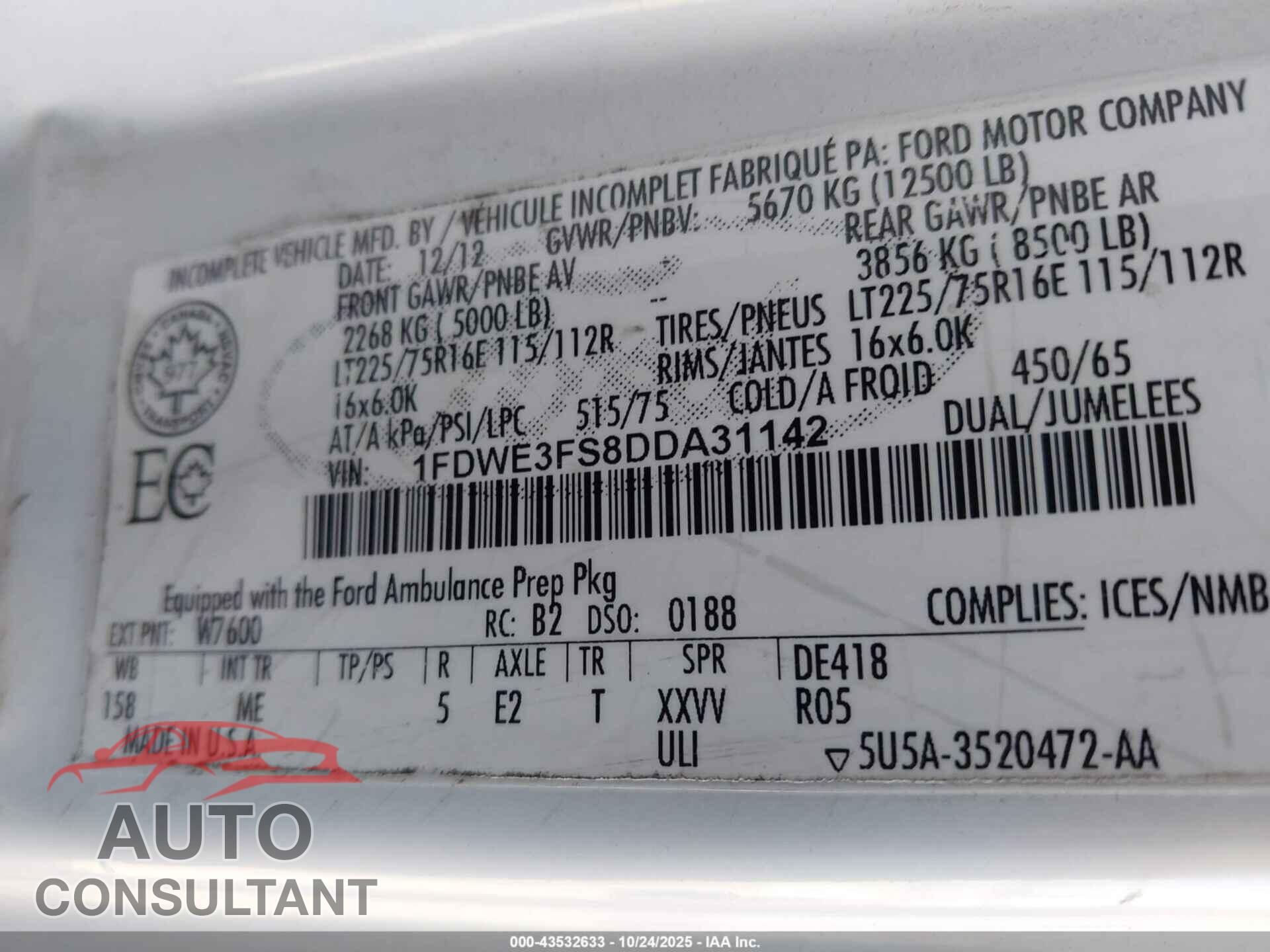 FORD E-350 CUTAWAY 2013 - 1FDWE3FS8DDA31142