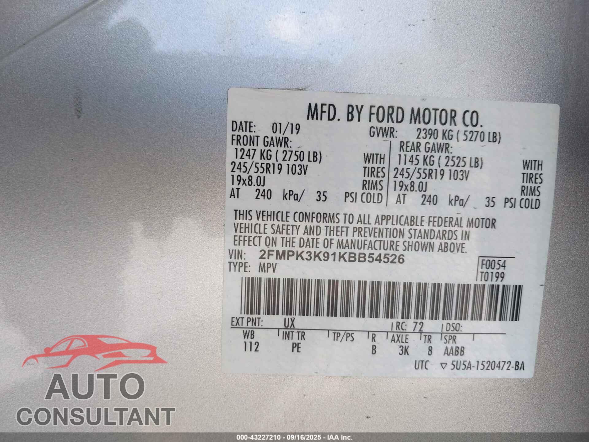 FORD EDGE 2019 - 2FMPK3K91KBB54526