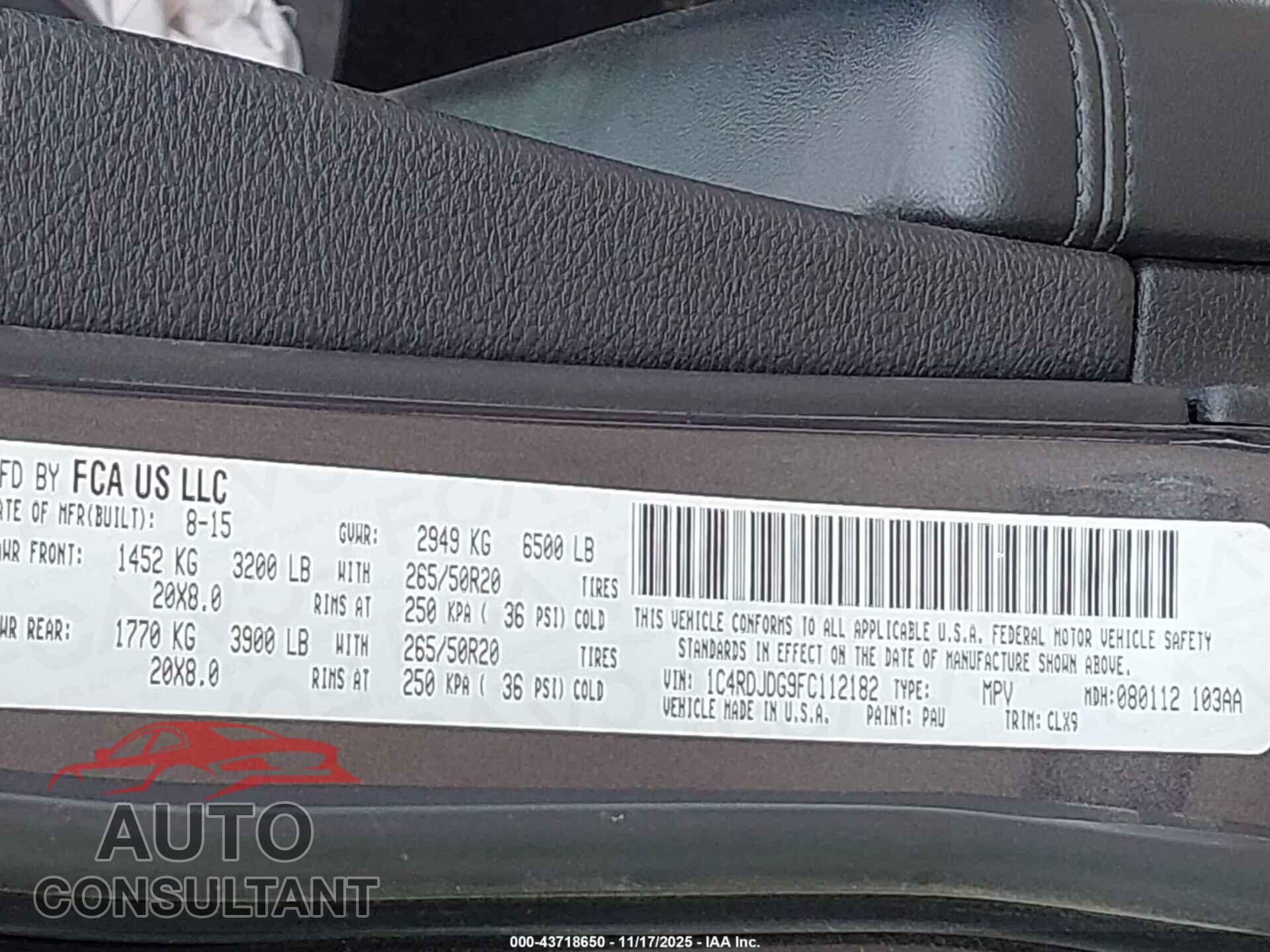 DODGE DURANGO 2015 - 1C4RDJDG9FC112182