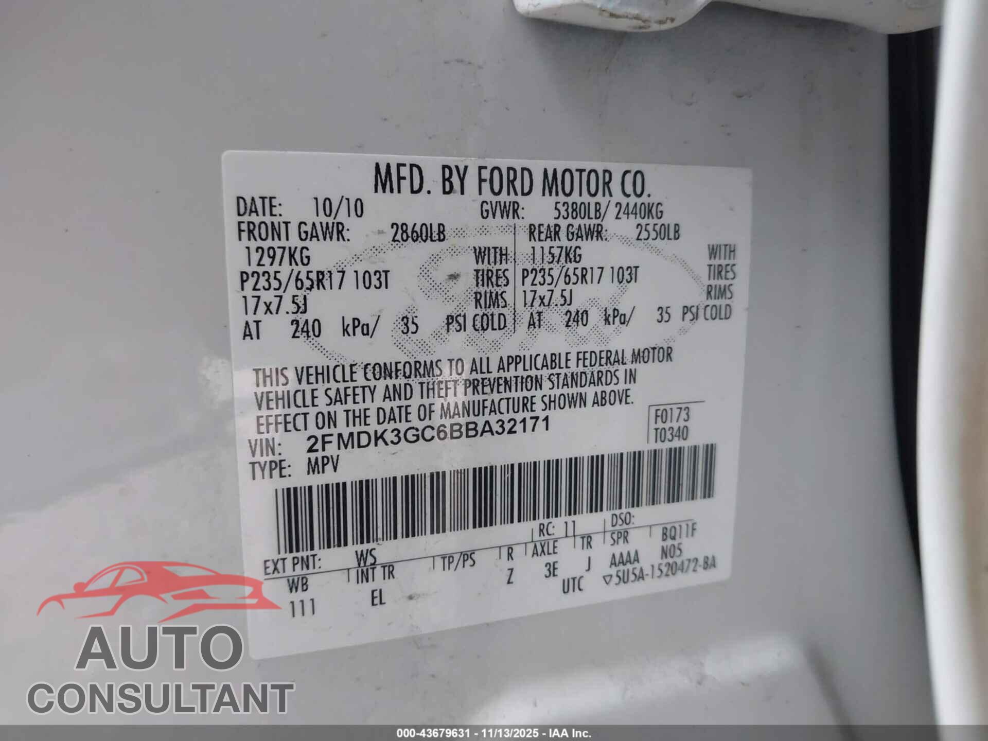 FORD EDGE 2011 - 2FMDK3GC6BBA32171