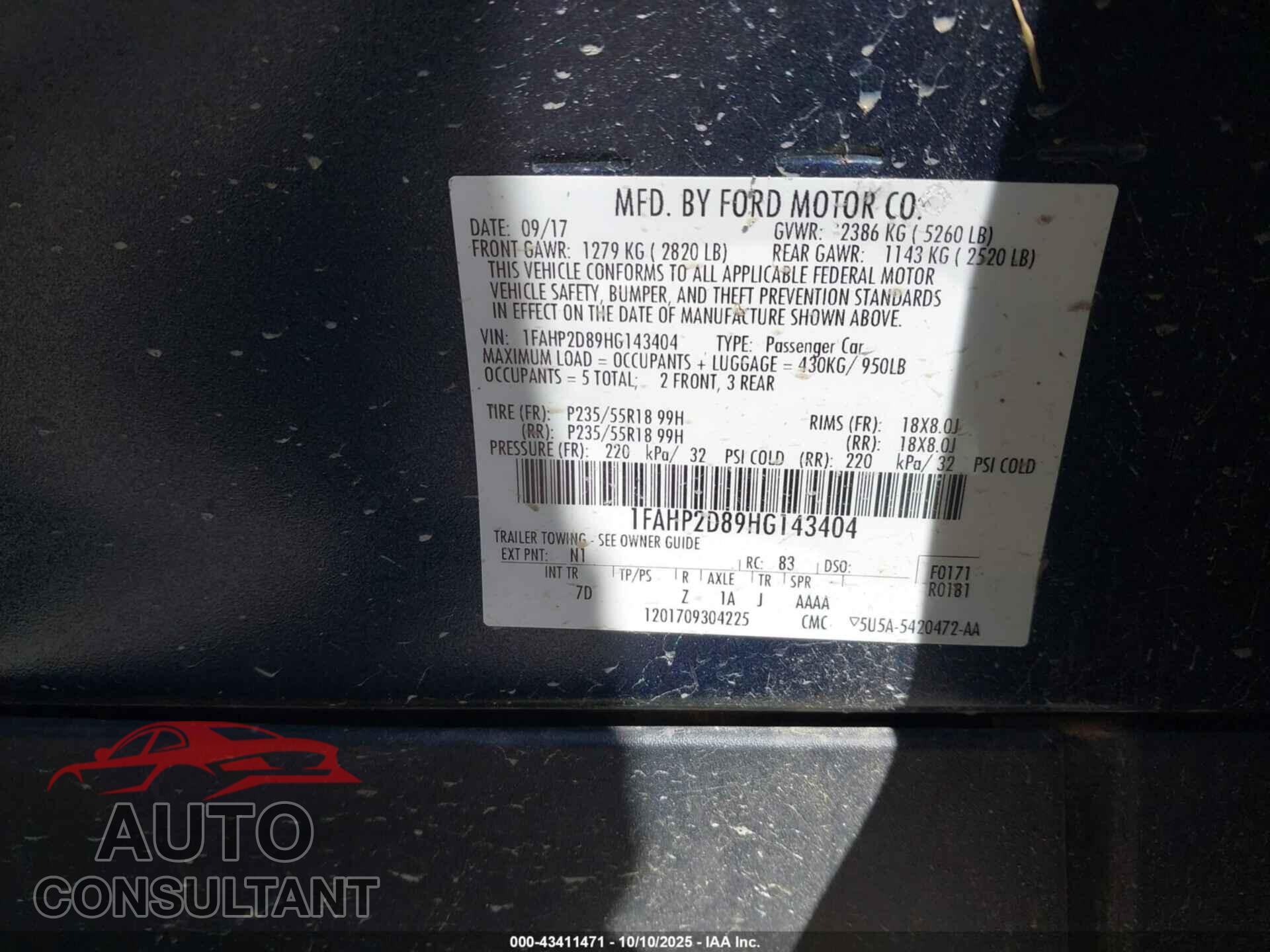 FORD TAURUS 2017 - 1FAHP2D89HG143404