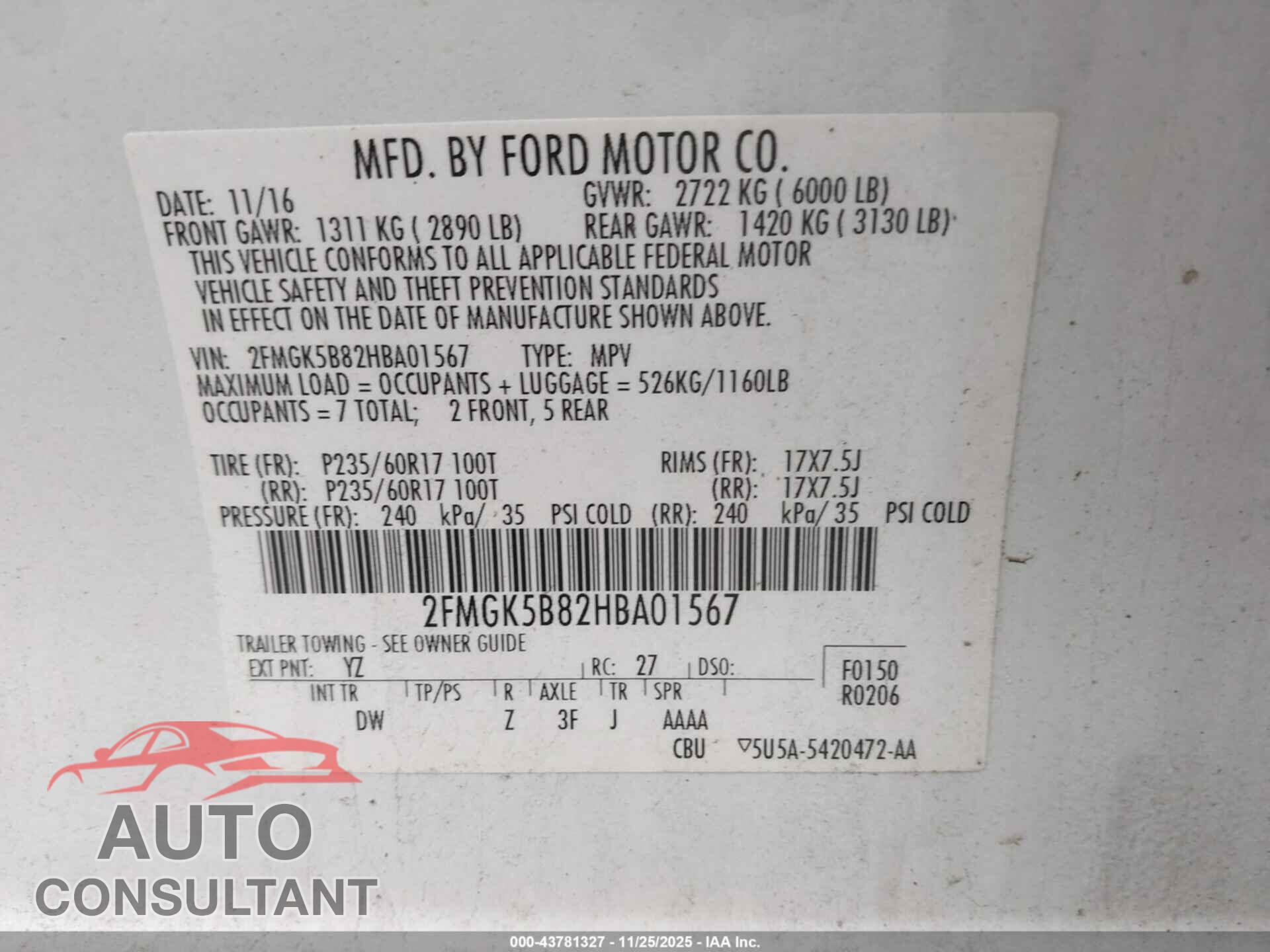 FORD FLEX 2017 - 2FMGK5B82HBA01567